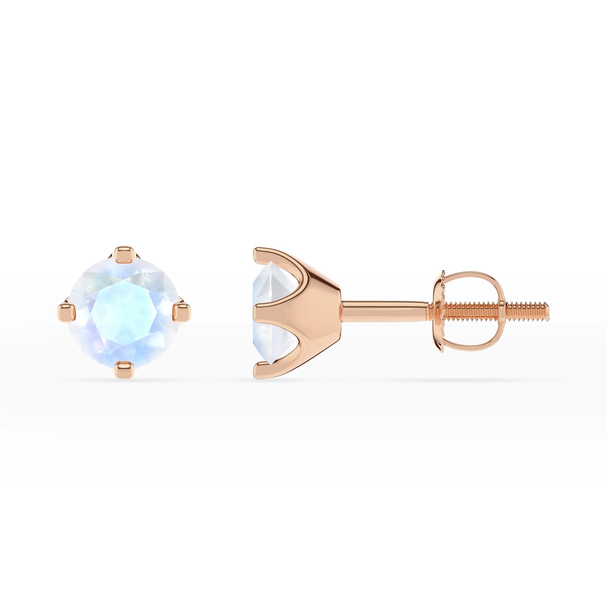 natural rainbow moonstone round stud earrings in rose gold