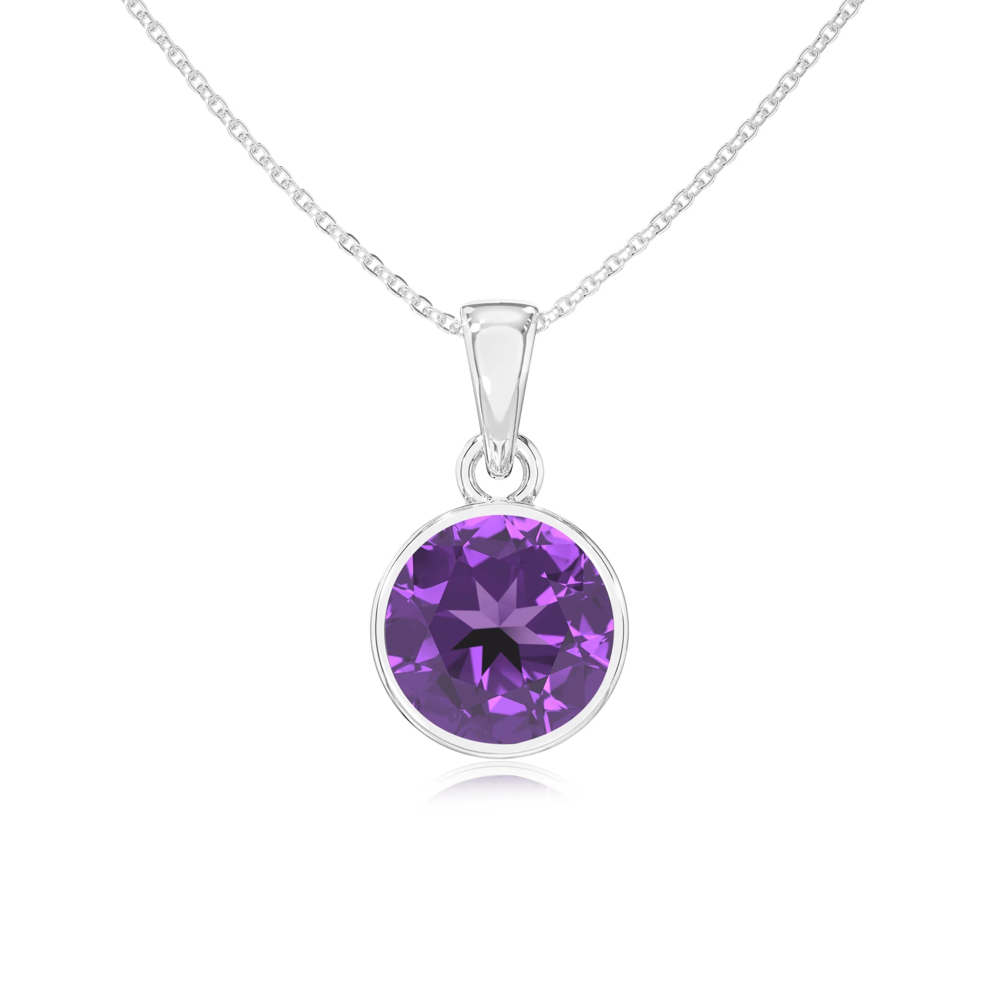 lab grown amethyst round solitaire necklaces in platinum