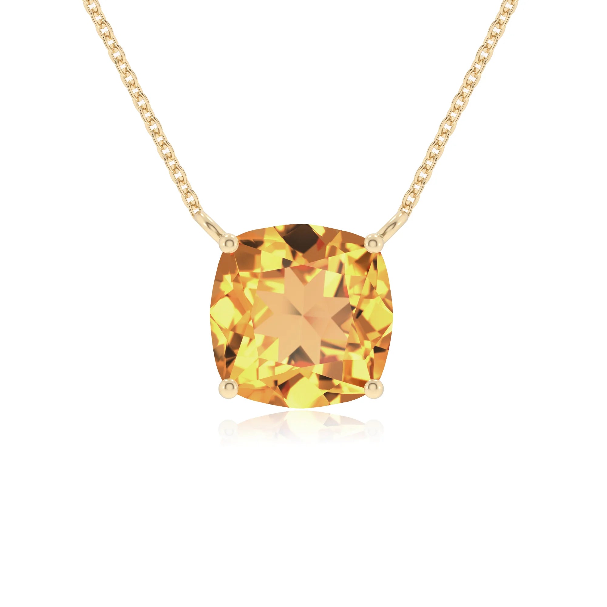 lab grown citrine cushion solitaire necklaces in yellow gold