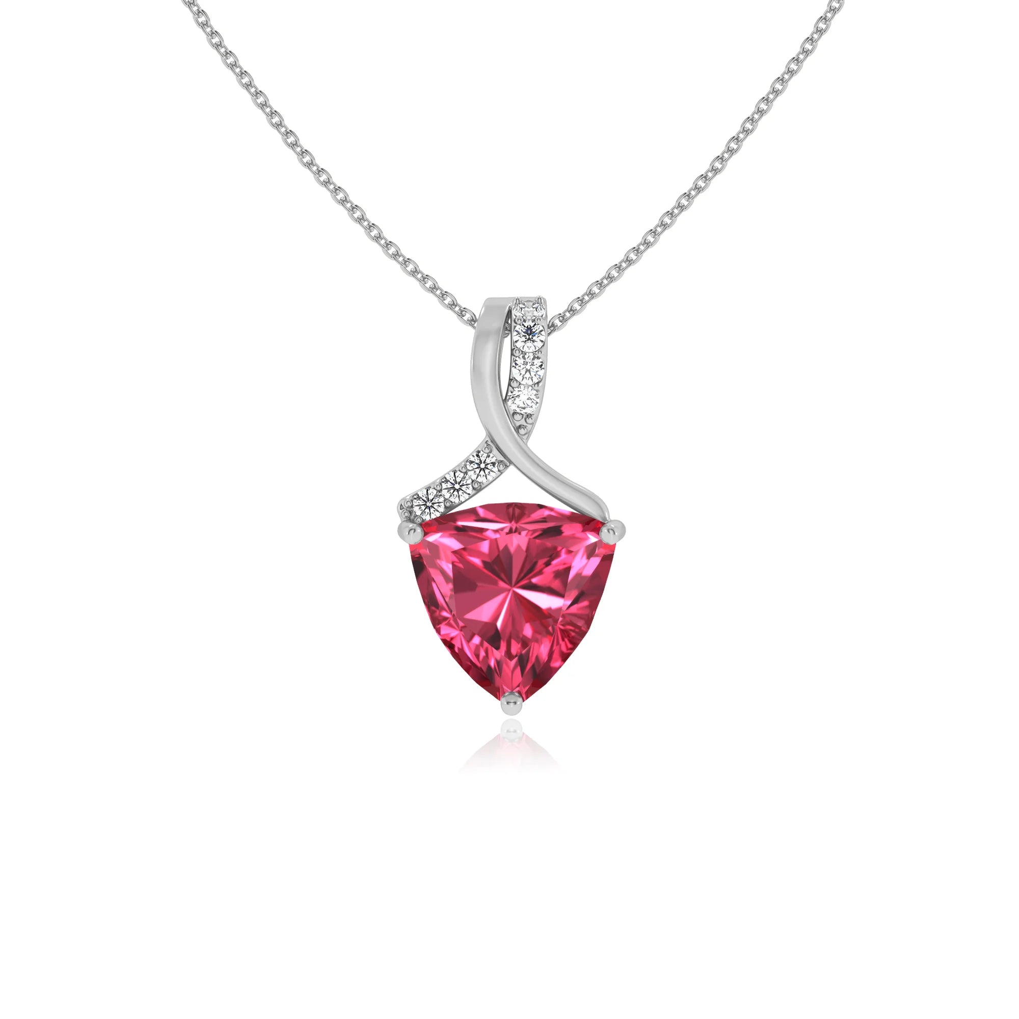 lab grown pink-tourmaline trillion solitaire necklaces in white gold