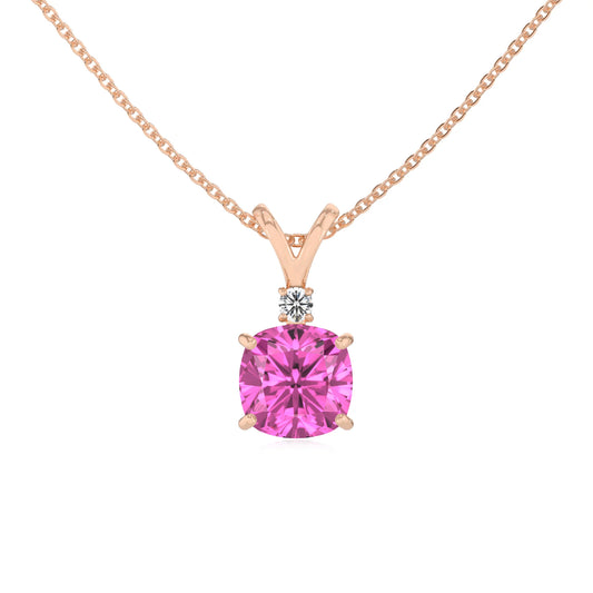 lab grown pink-sapphire cushion solitaire v-bale necklaces in rose gold