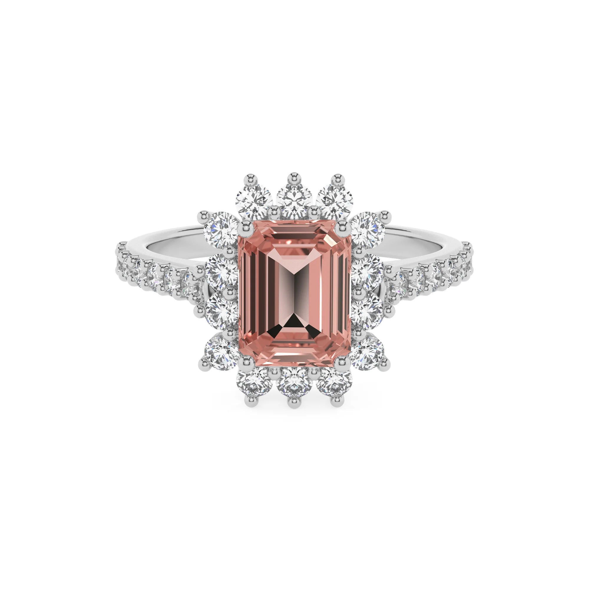 lab grown morganite emerald cut solitaire rings in white gold