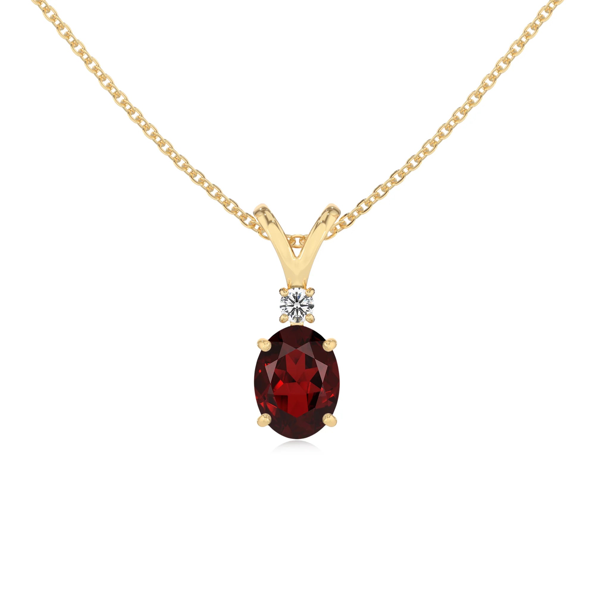 natural garnet oval solitaire v-bale necklaces in yellow gold