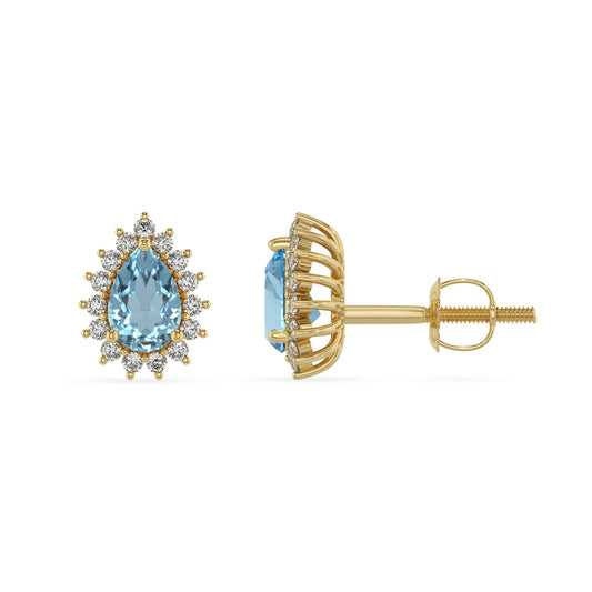 lab grown aquamarine pear stud earrings in yellow gold