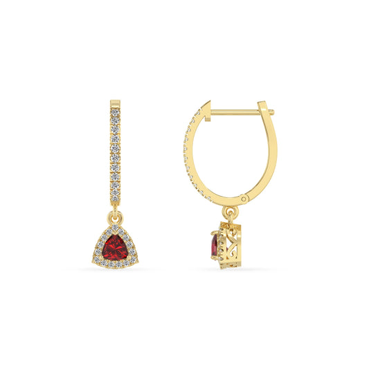 lab grown ruby trillion drop earrings in yellow gold