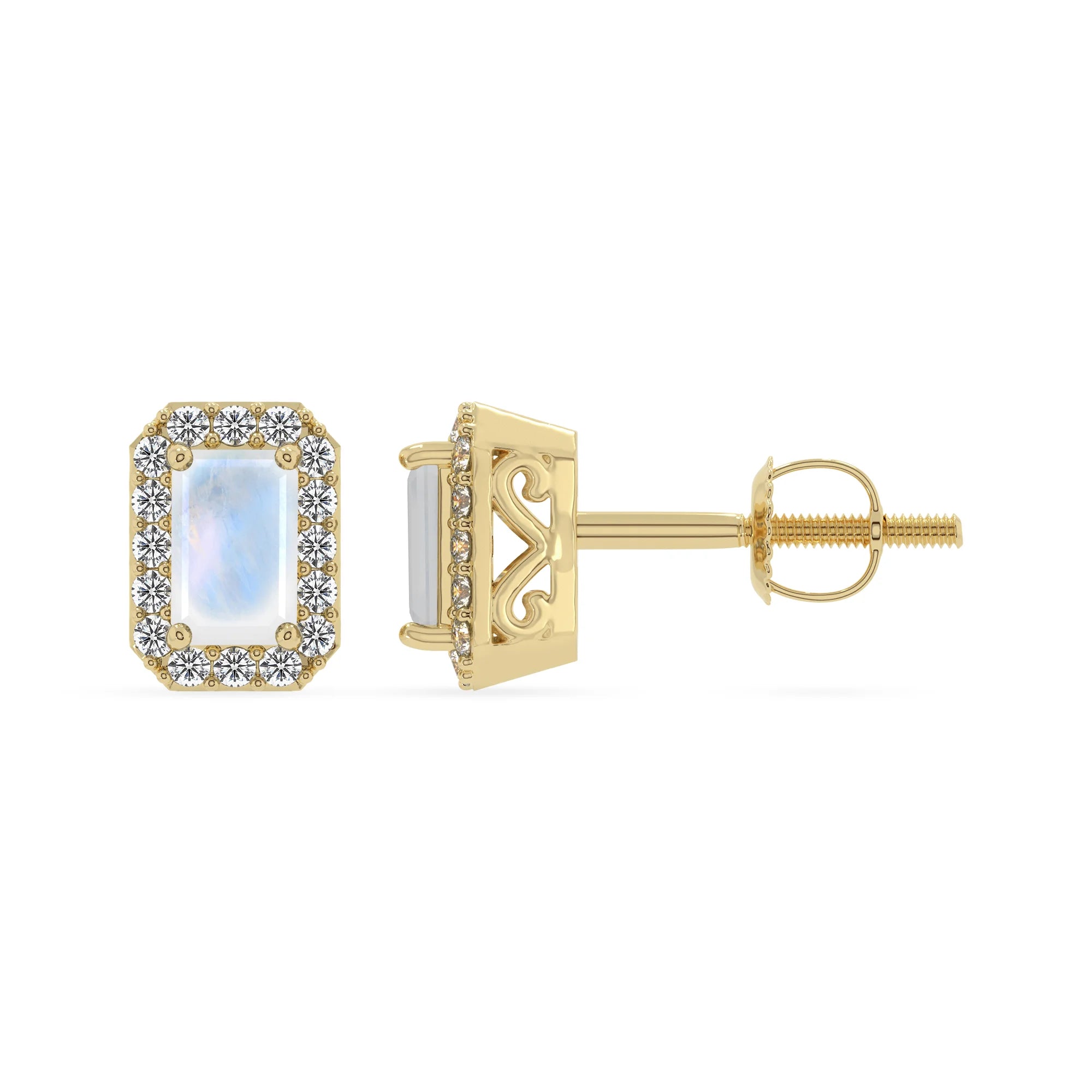 natural rainbow moonstone emerald cut stud earrings in yellow gold