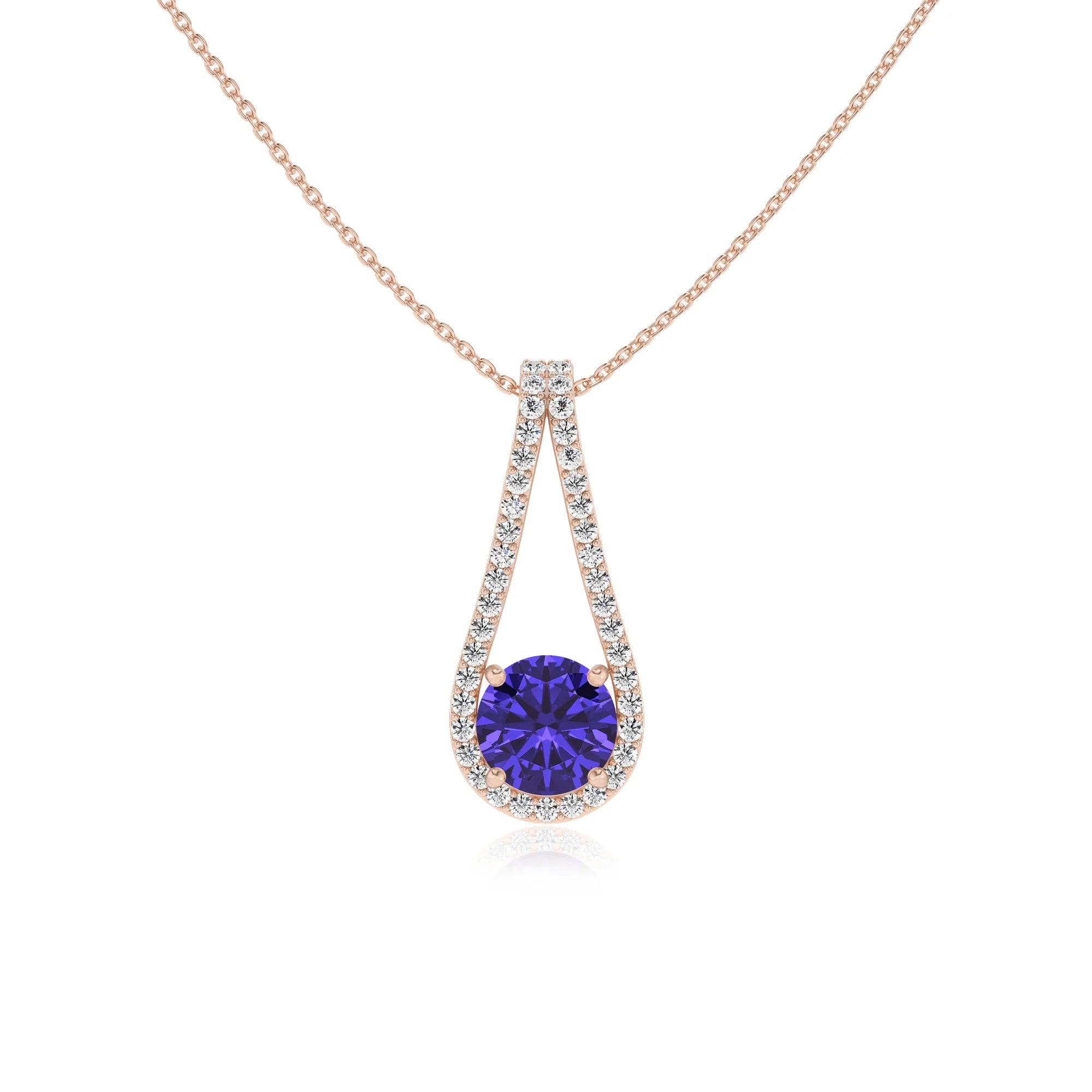 lab grown tanzanite round solitaire v-bale necklaces in rose gold