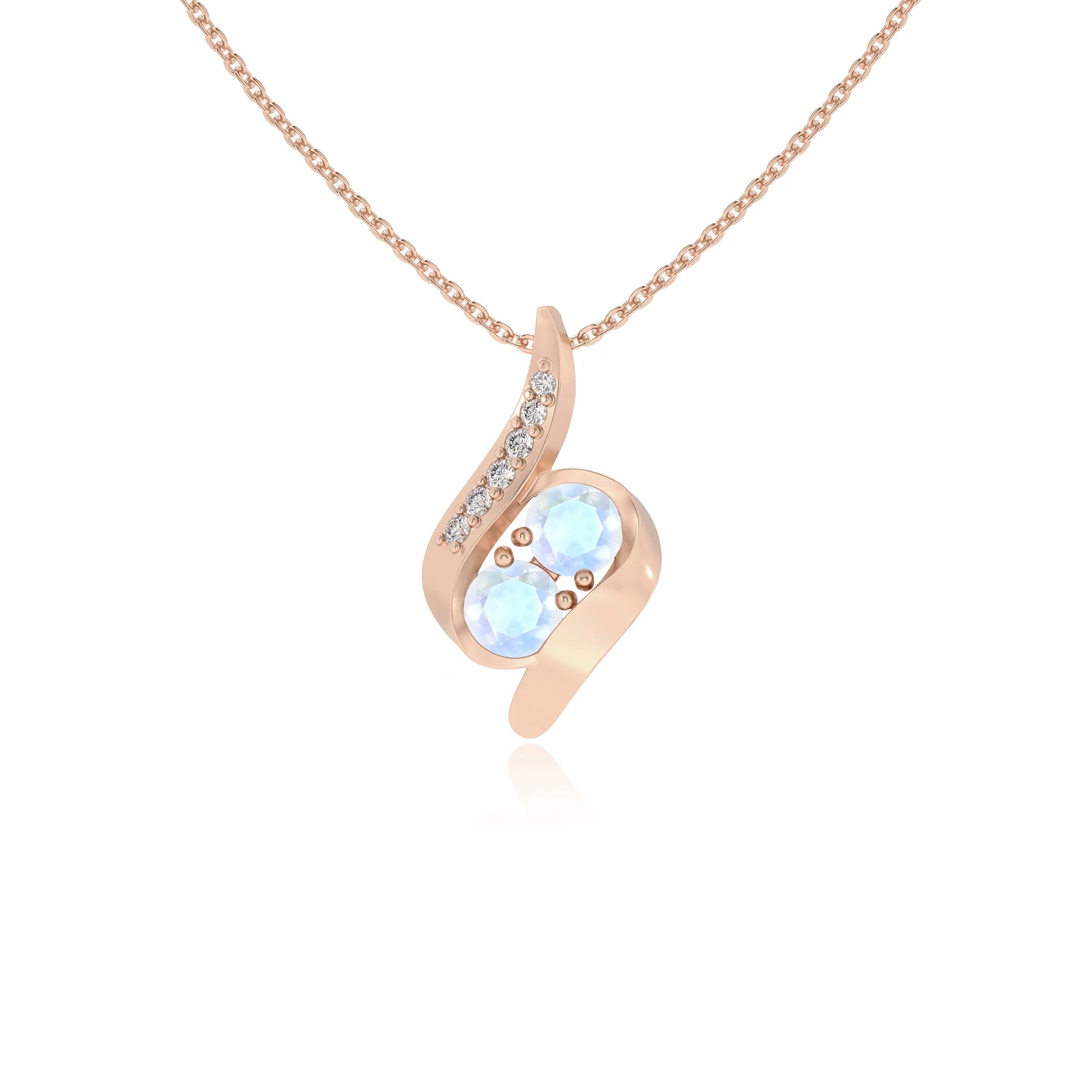 natural rainbow-moonstone round solitaire v-bale necklaces in rose gold