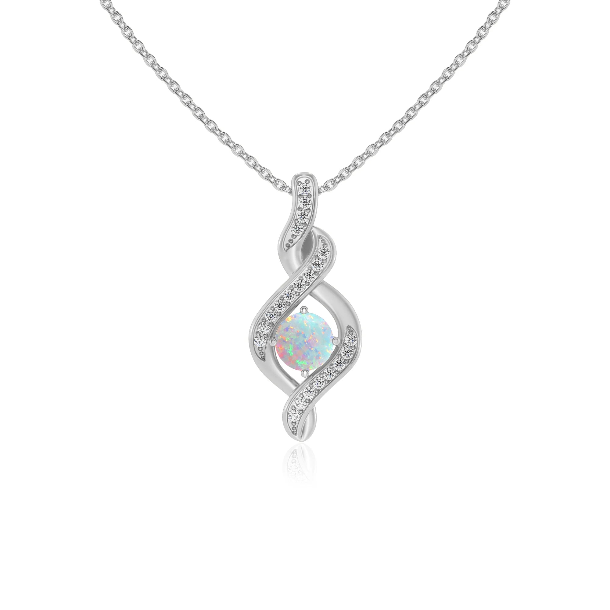 lab grown opal round solitaire necklaces in white gold