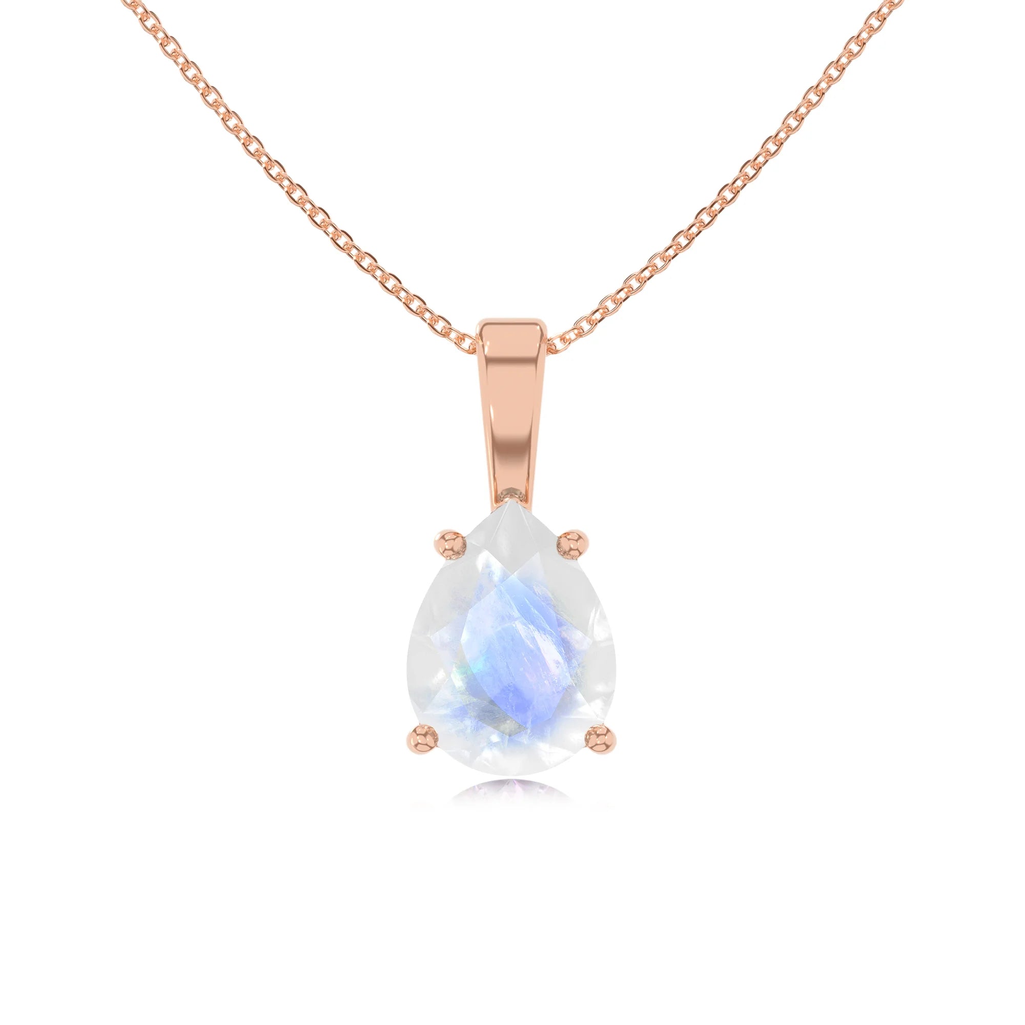 natural rainbow-moonstone pear solitaire necklaces in rose gold