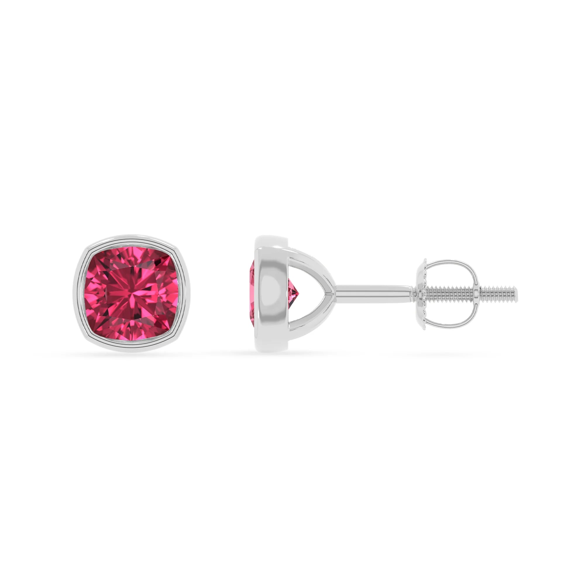 lab grown pink tourmaline cushion stud earrings in white gold