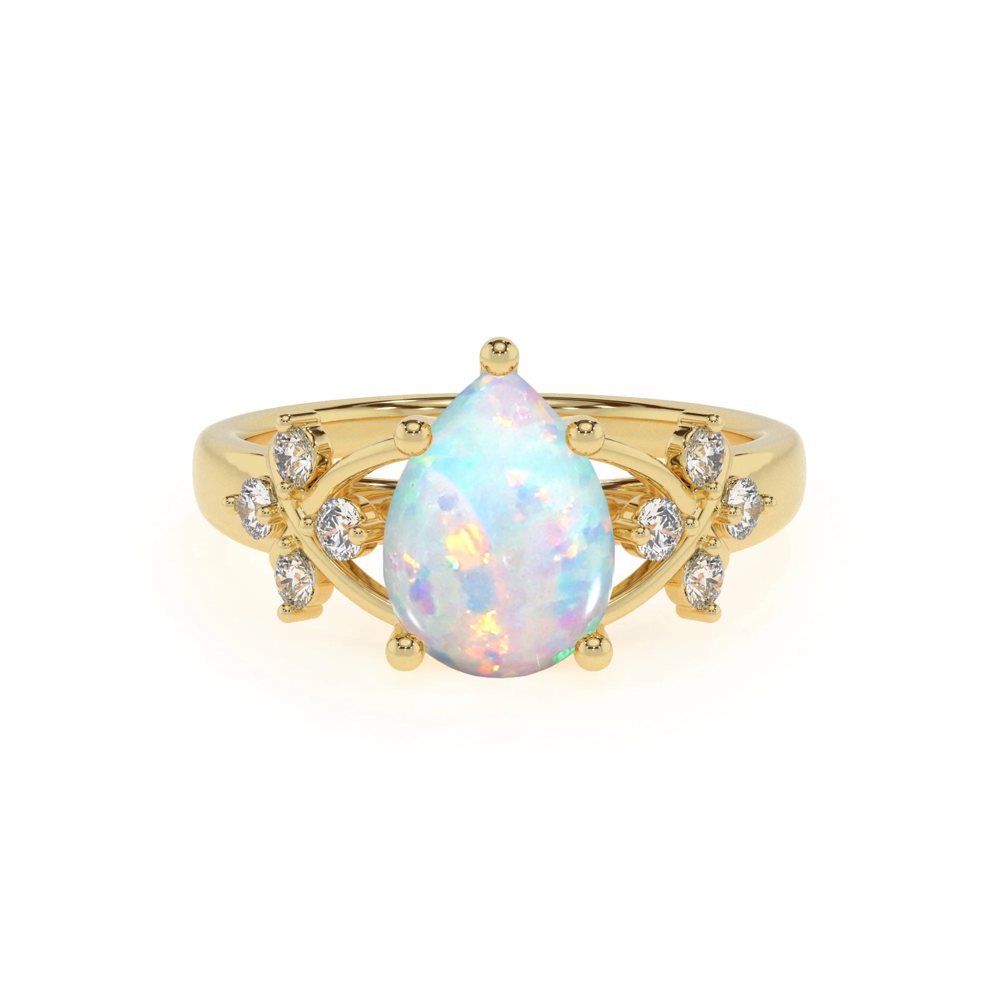 lab grown opal pear solitaire rings in yellow gold