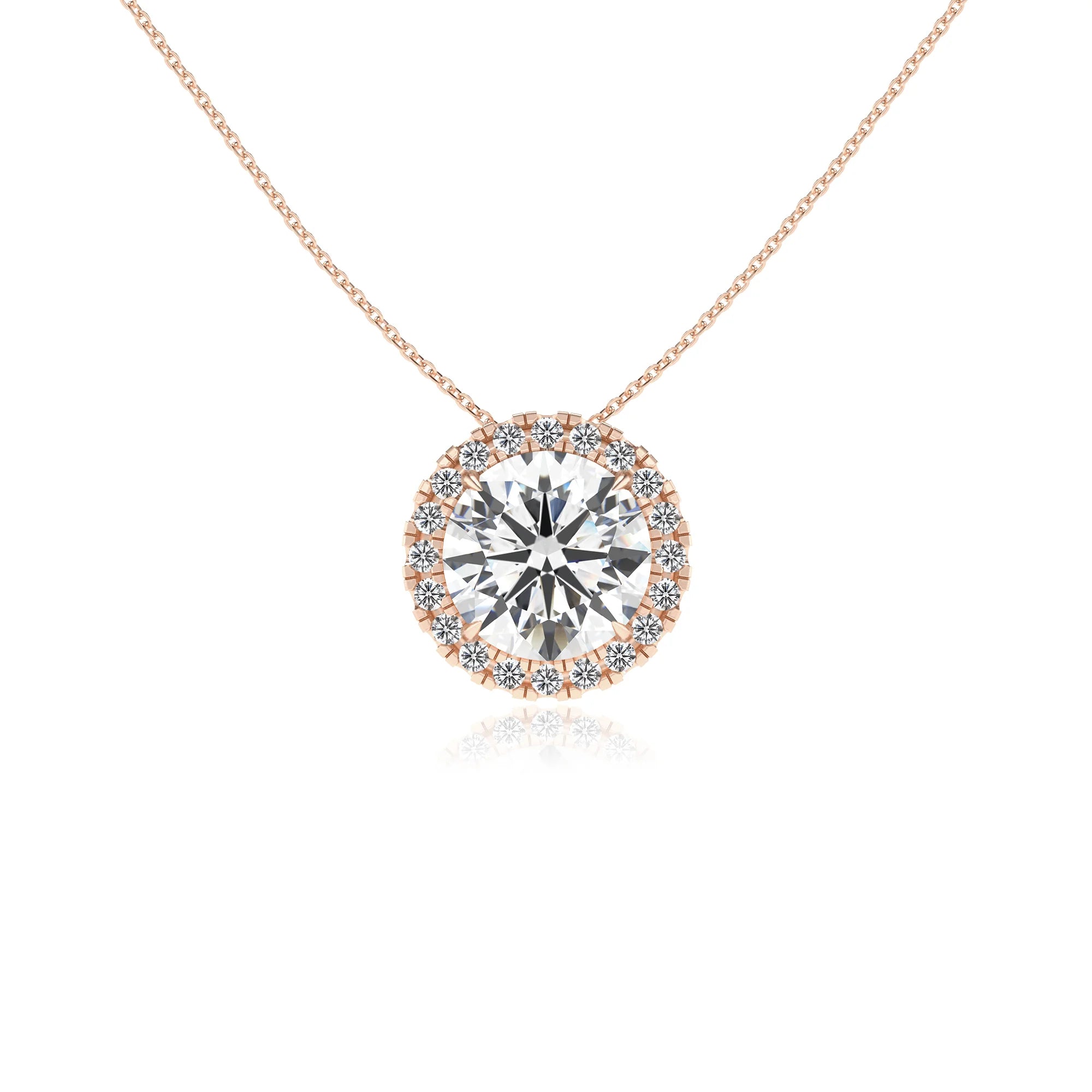 lab grown moissanite round solitaire necklaces in rose gold