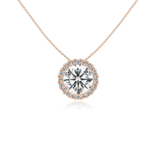 lab grown moissanite round solitaire necklaces in rose gold