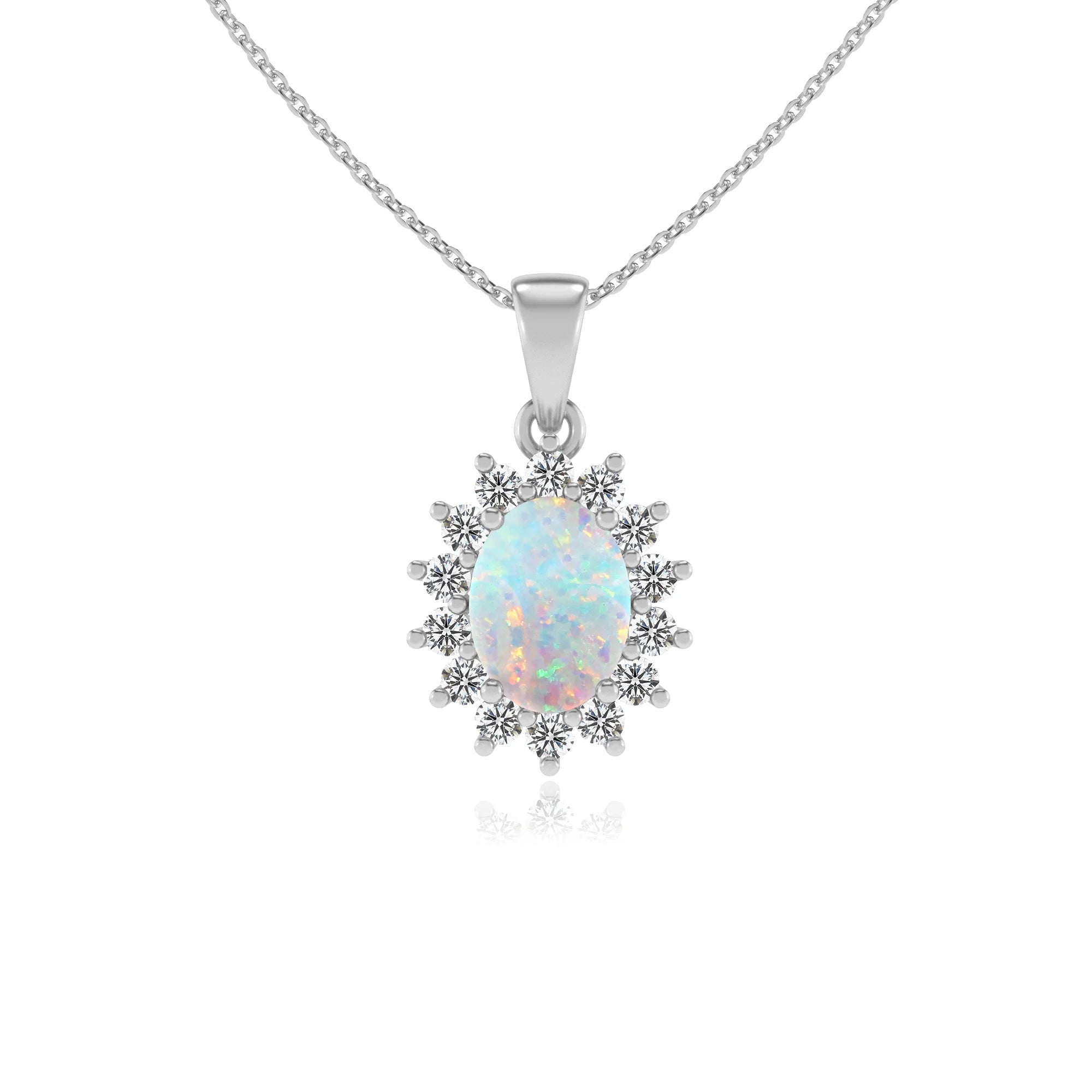 lab grown opal oval halo necklaces in white gold