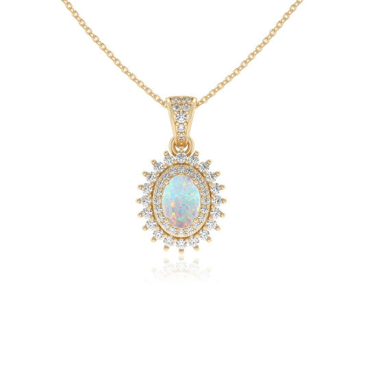 lab grown opal oval halo necklaces in yellow gold