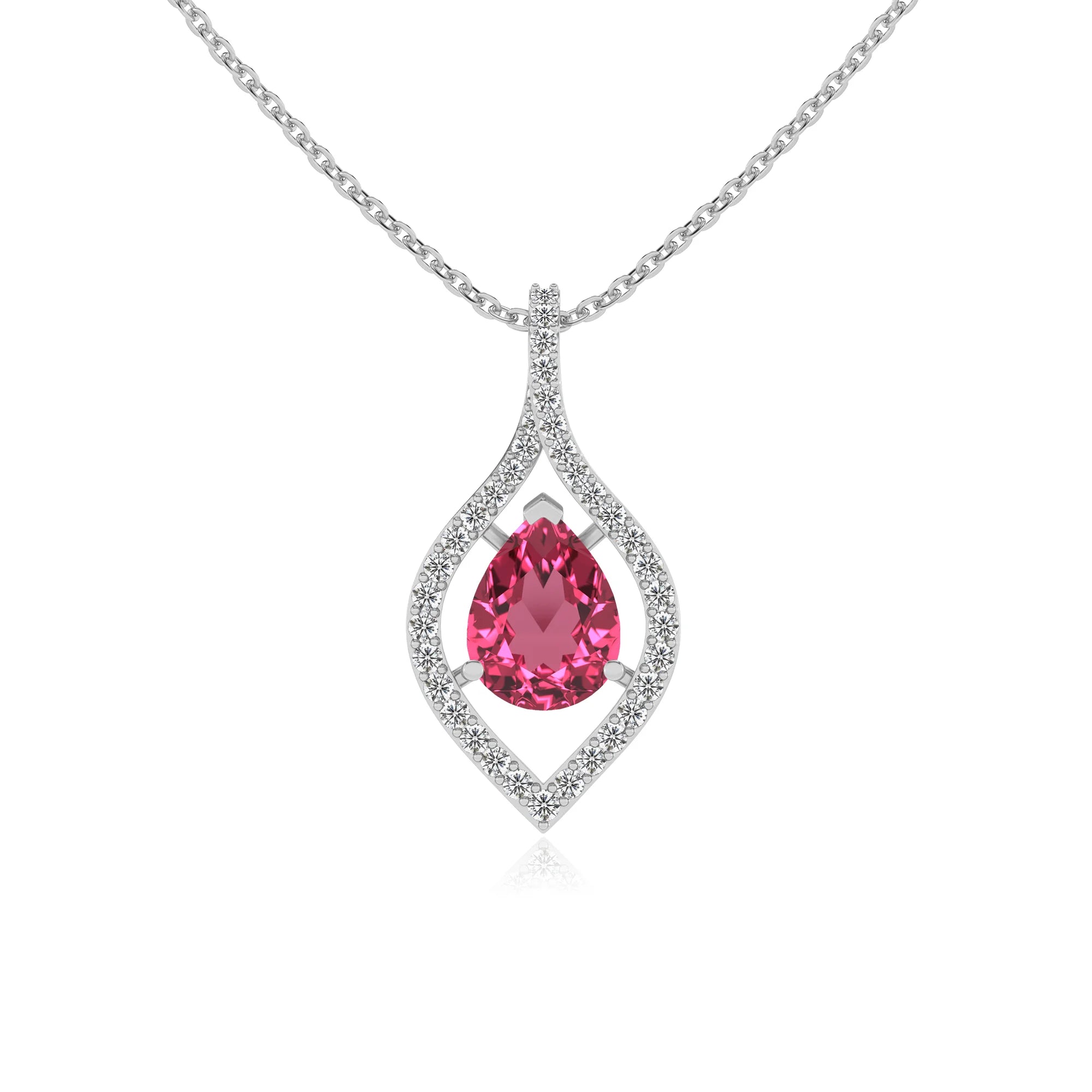 lab grown pink-tourmaline pear infinity necklaces in sterling silver