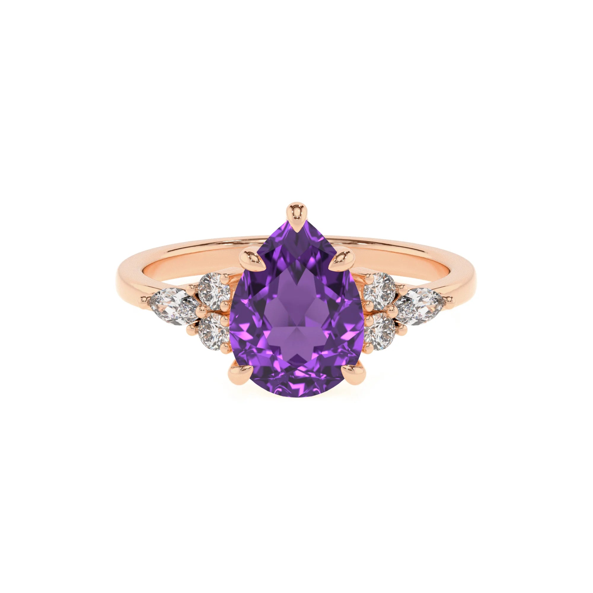 lab grown amethyst pear solitaire rings in rose gold