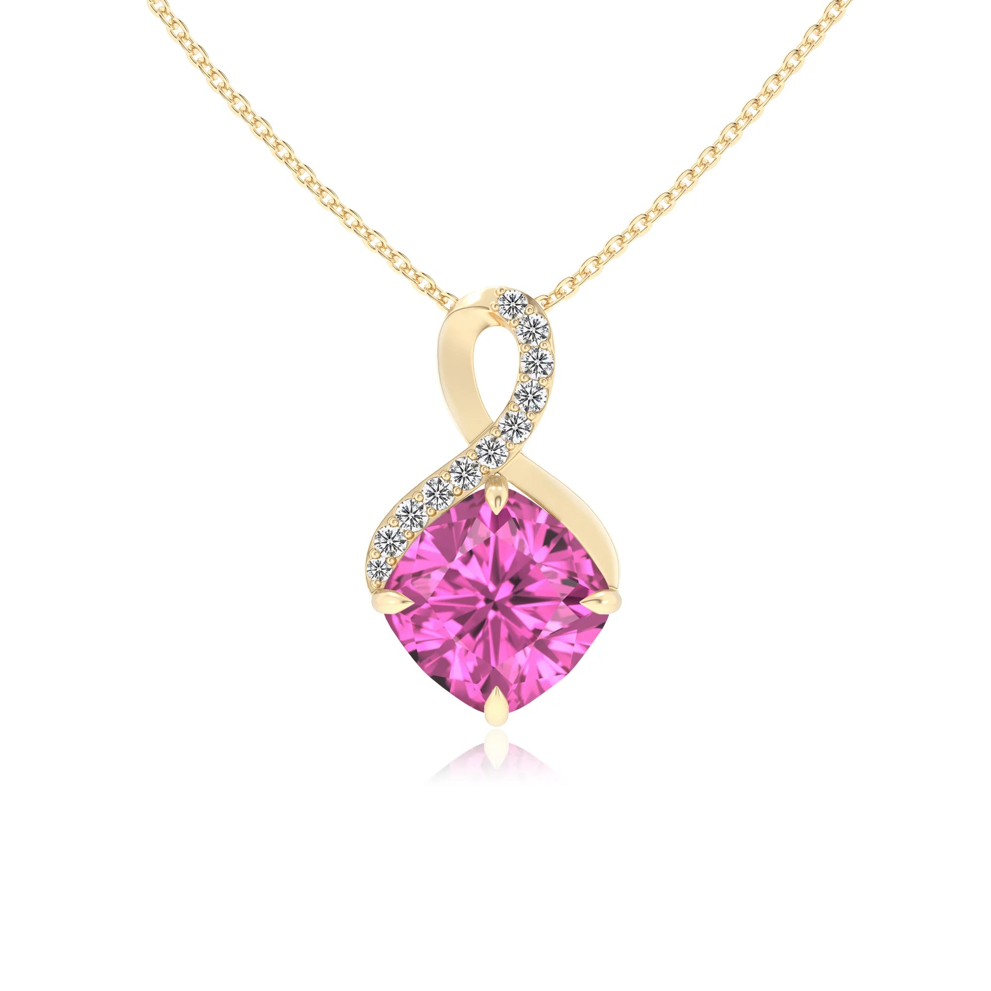 lab grown pink-sapphire cushion infinity necklaces in yellow gold