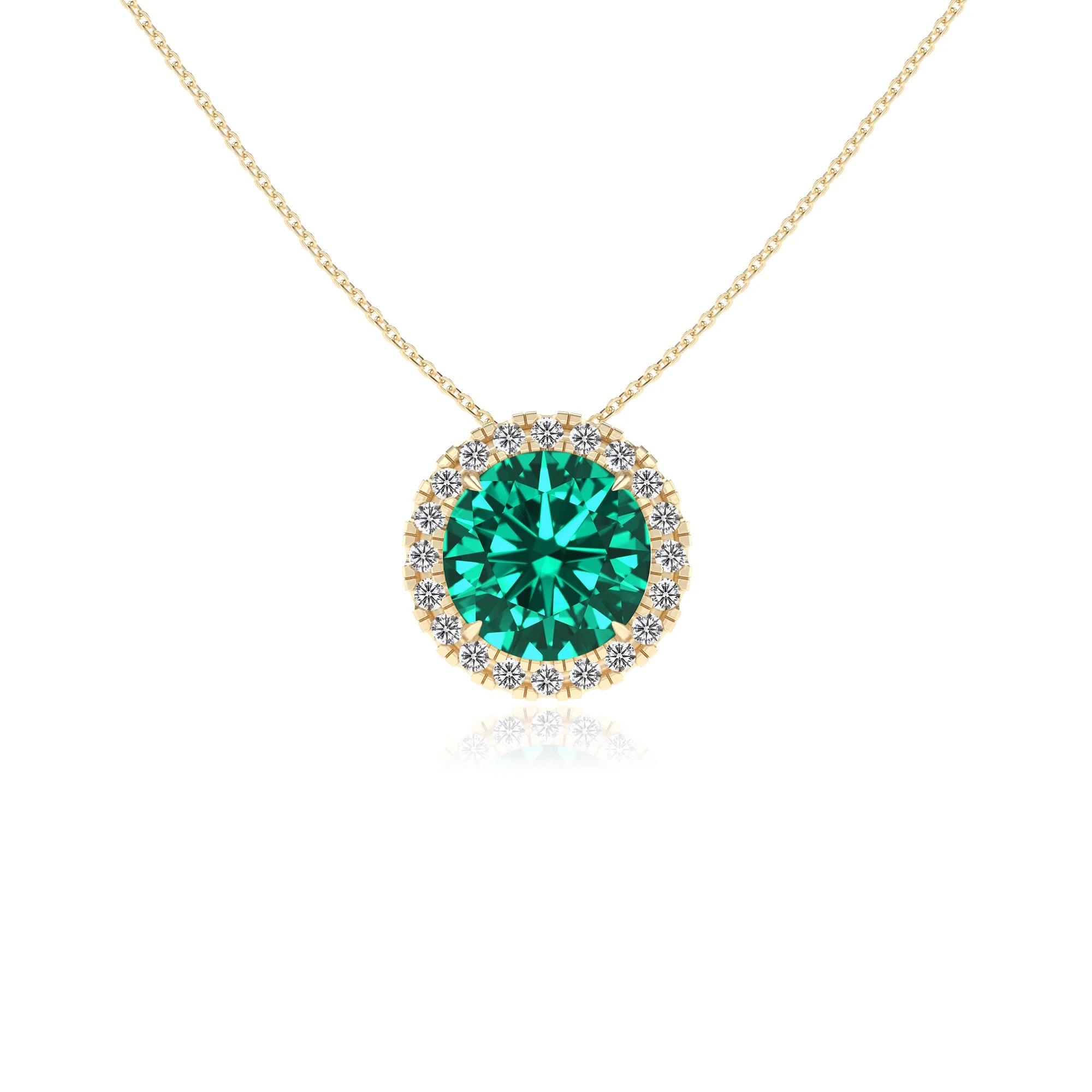 lab grown emerald round solitaire necklaces in yellow gold