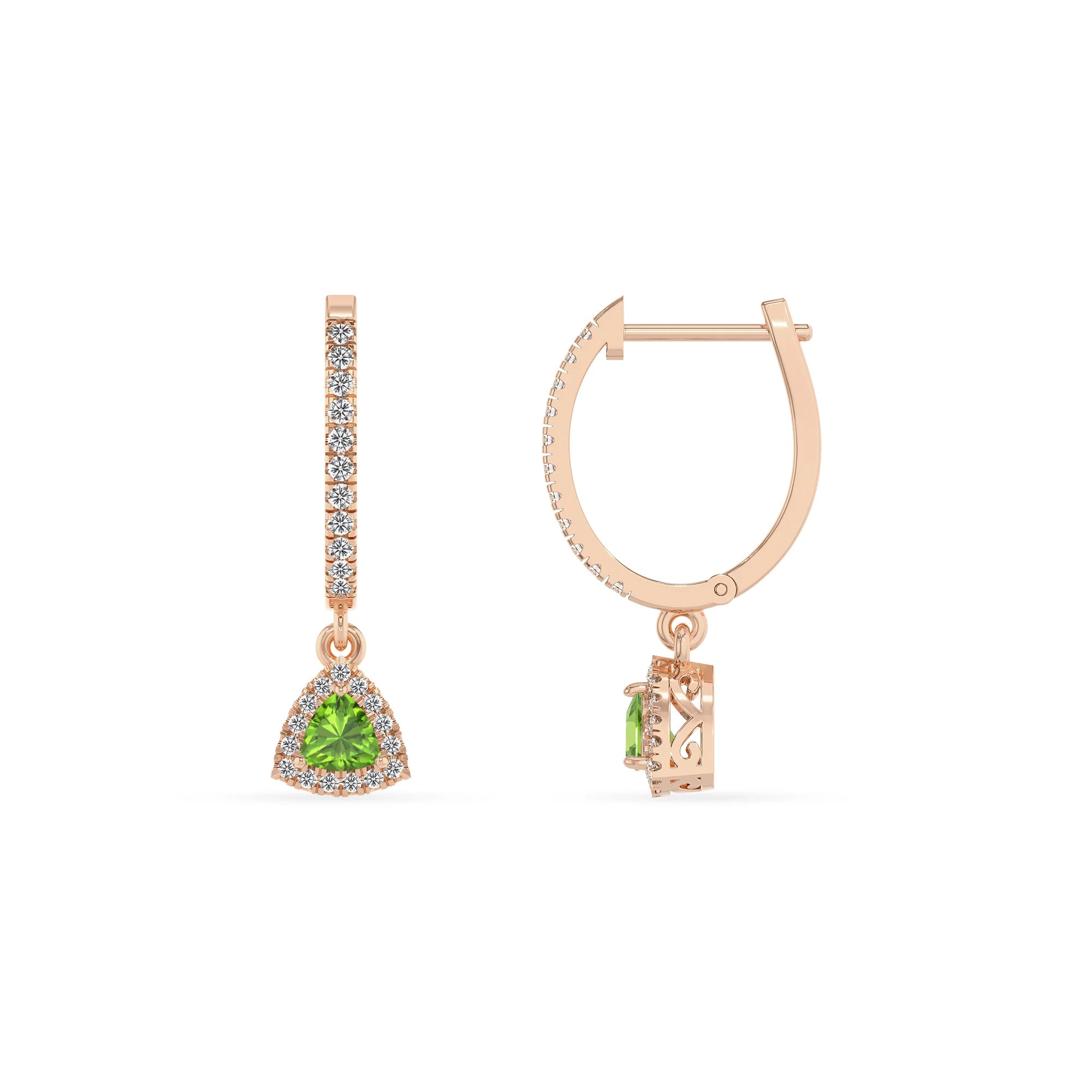 natural peridot trillion drop earrings in rose gold