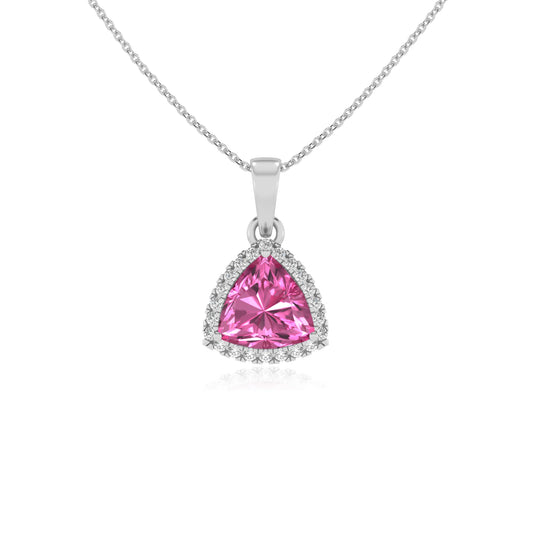 lab grown pink-sapphire trillion solitaire necklaces in platinum