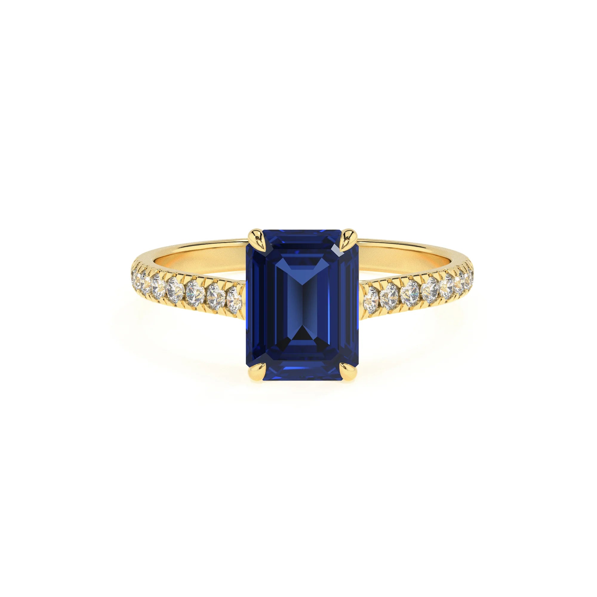 lab grown blue-sapphire emerald cut half eternity solitaire engagement rings in yellow gold