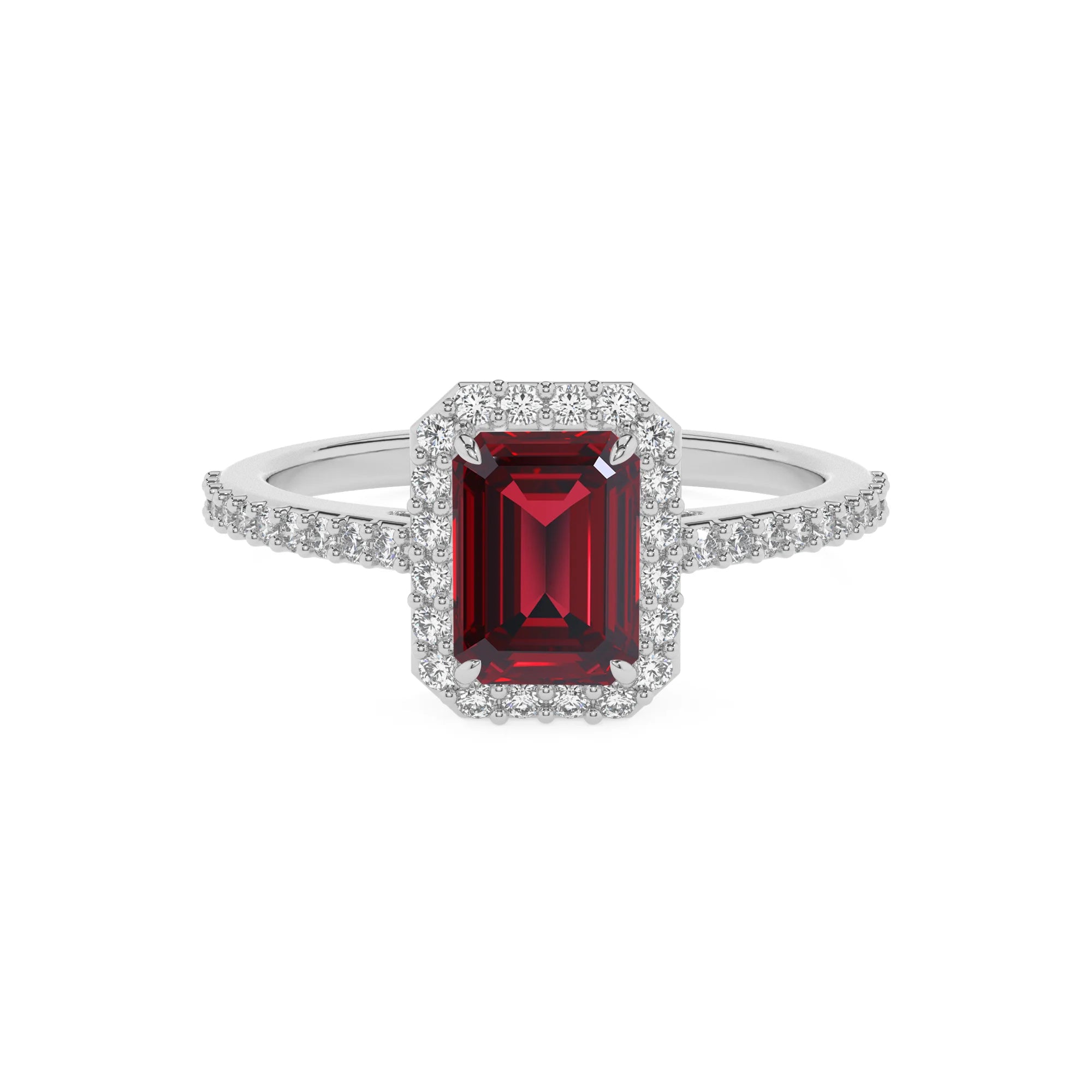 lab grown ruby emerald cut solitaire rings in white gold