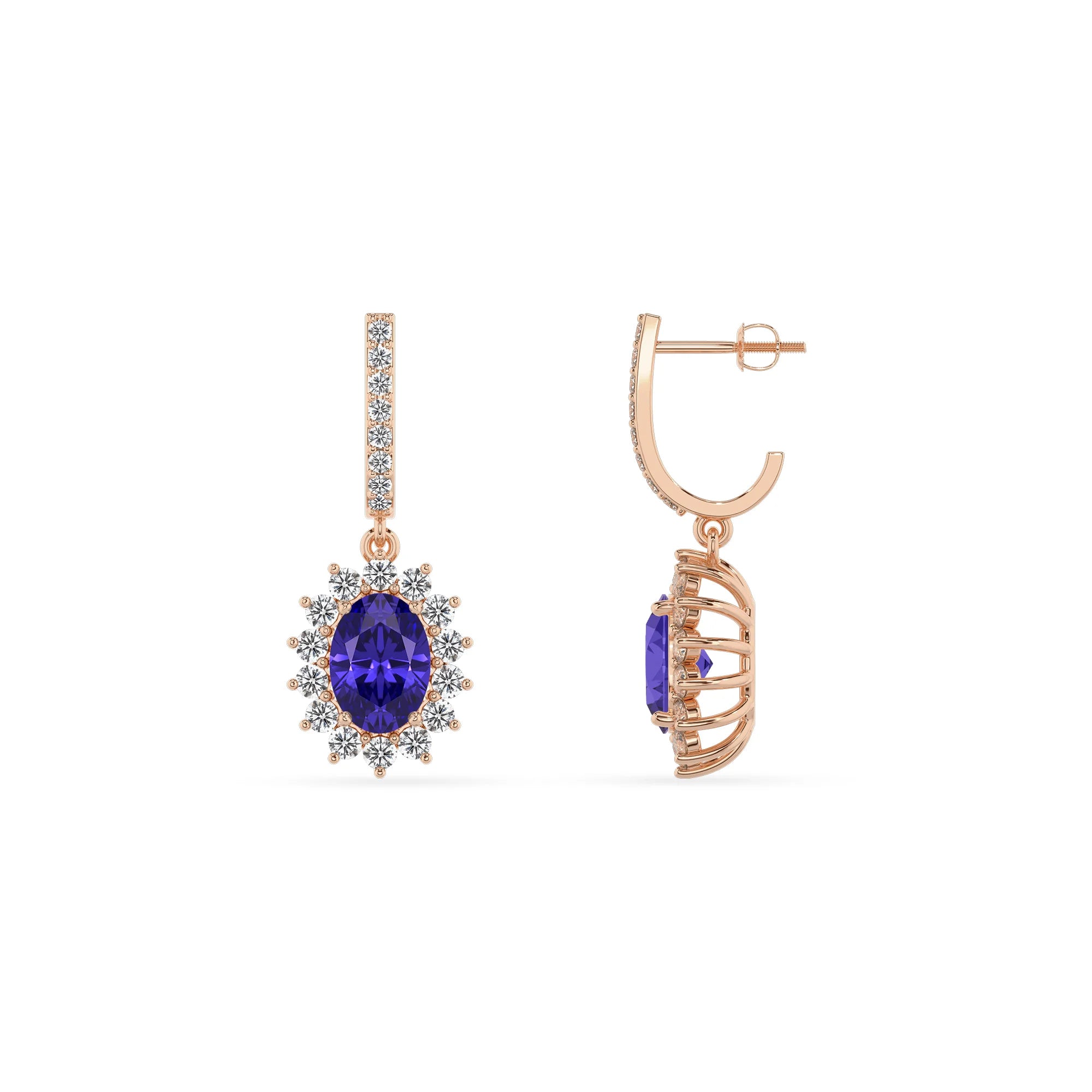 lab grown tanzanite oval drop earrings in rose gold