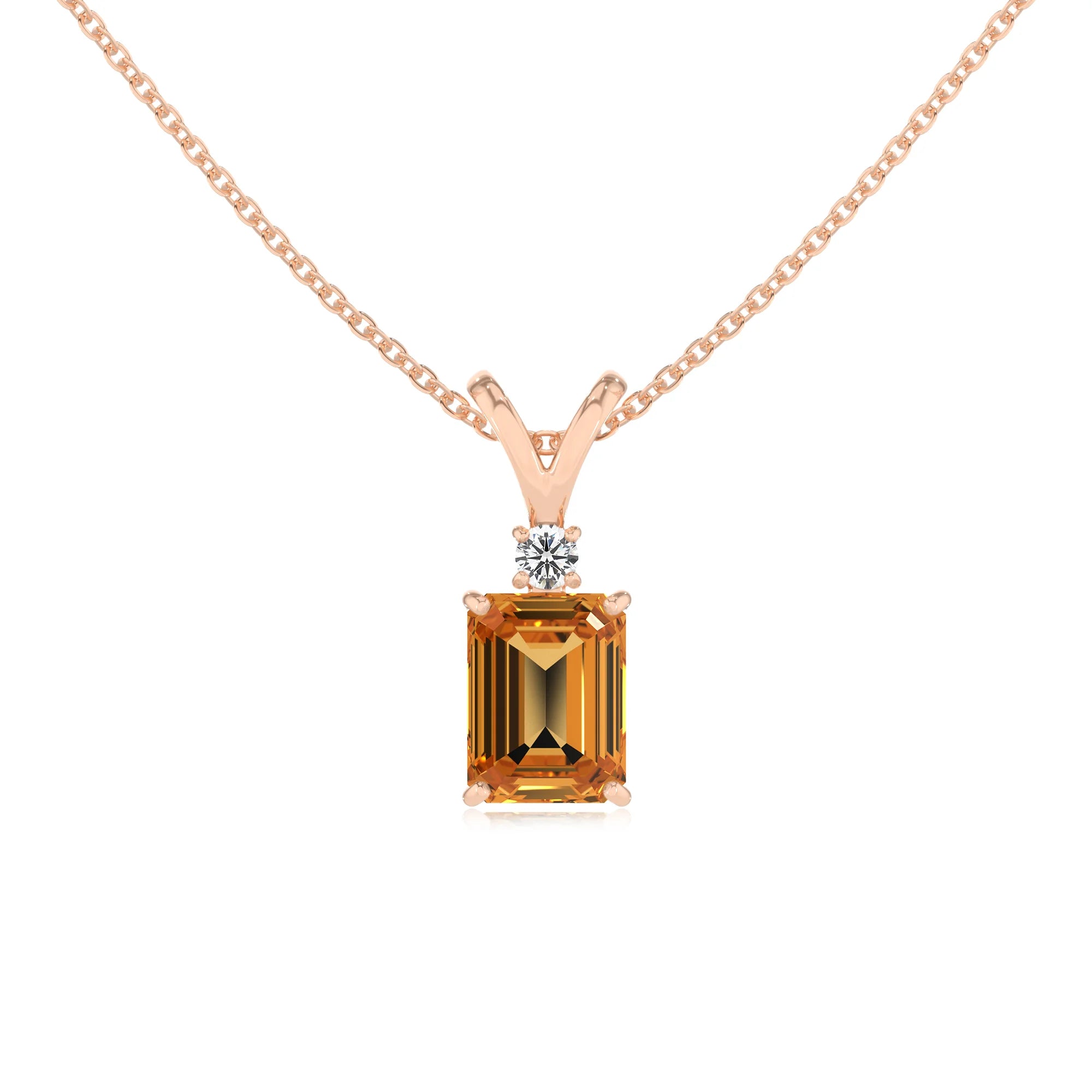 lab grown citrine emerald cut solitaire v-bale necklaces in rose gold