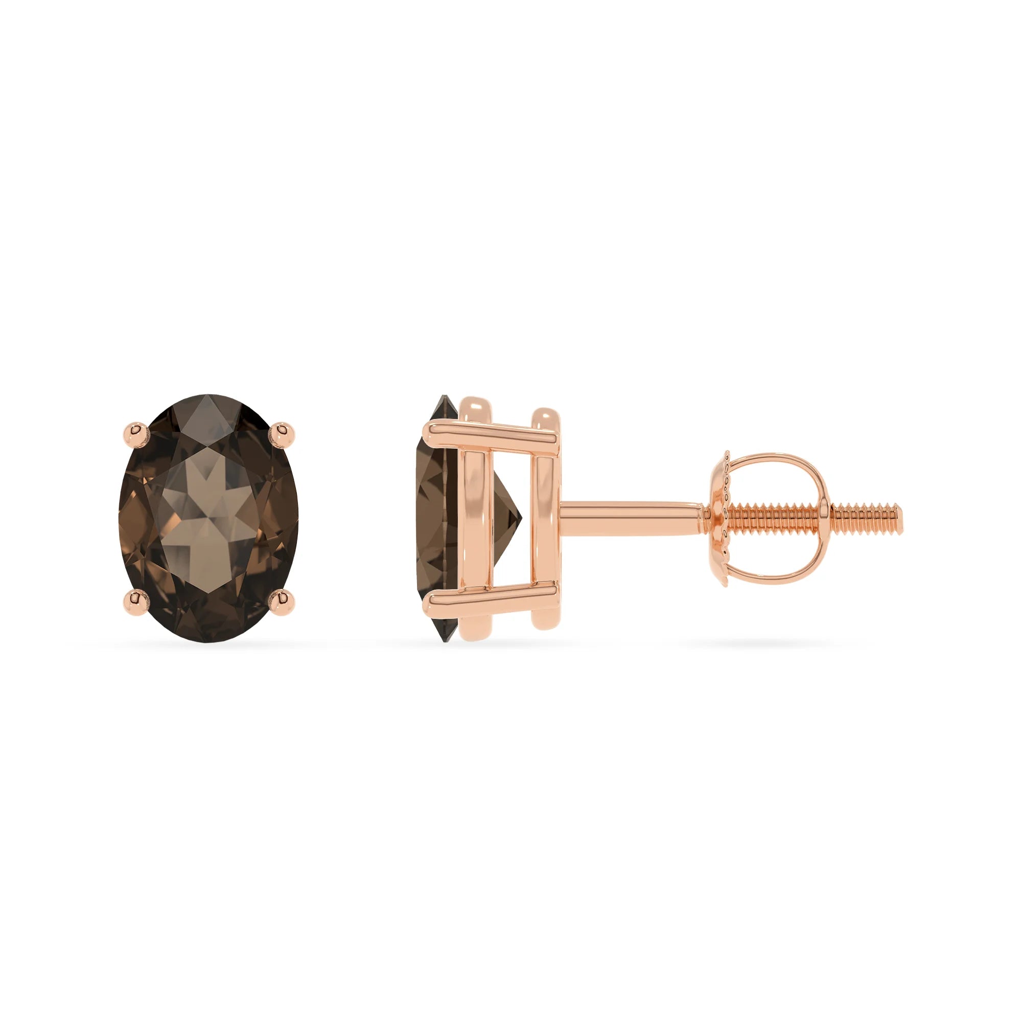 natural smoky quartz oval stud earrings in rose gold