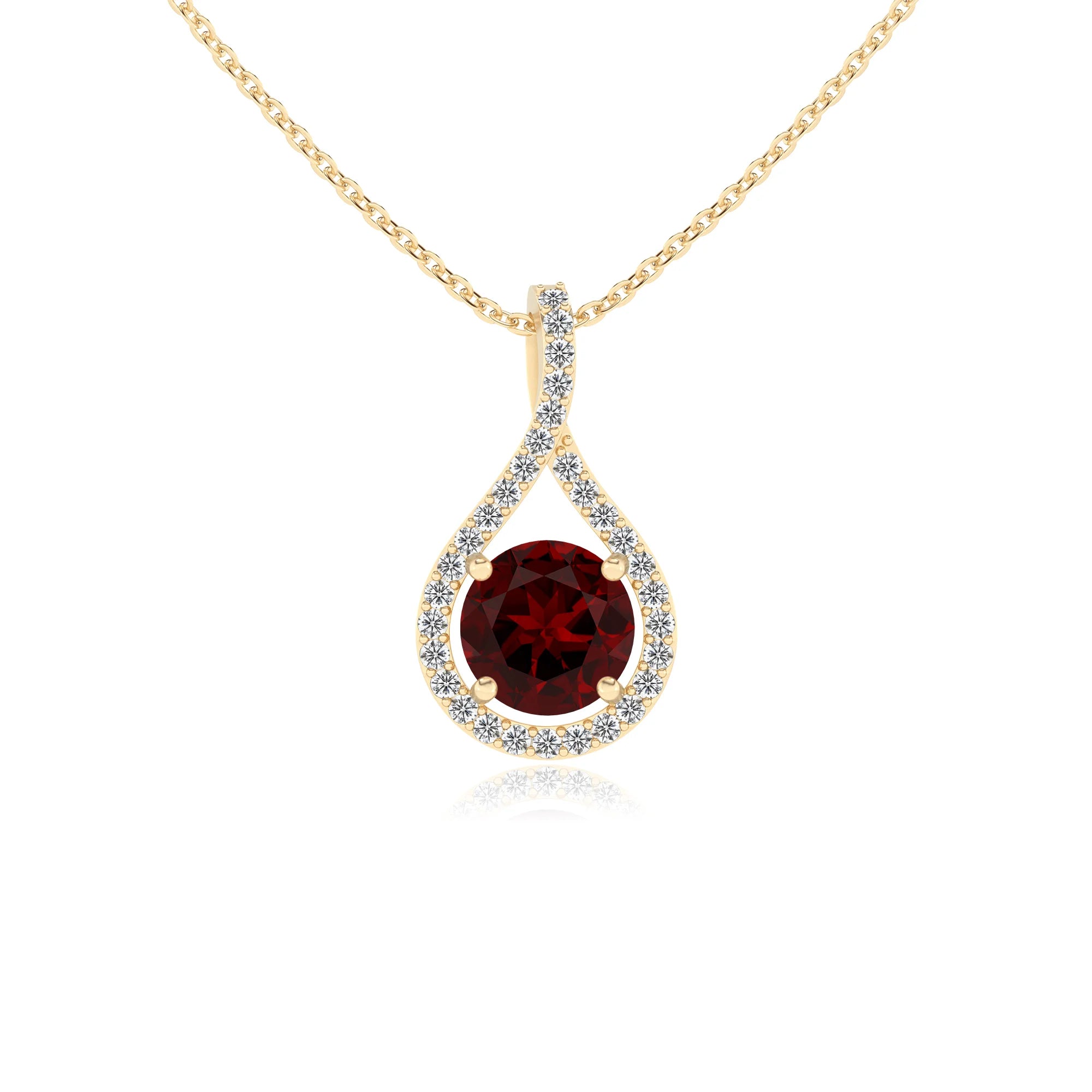 natural garnet round solitaire necklaces in yellow gold
