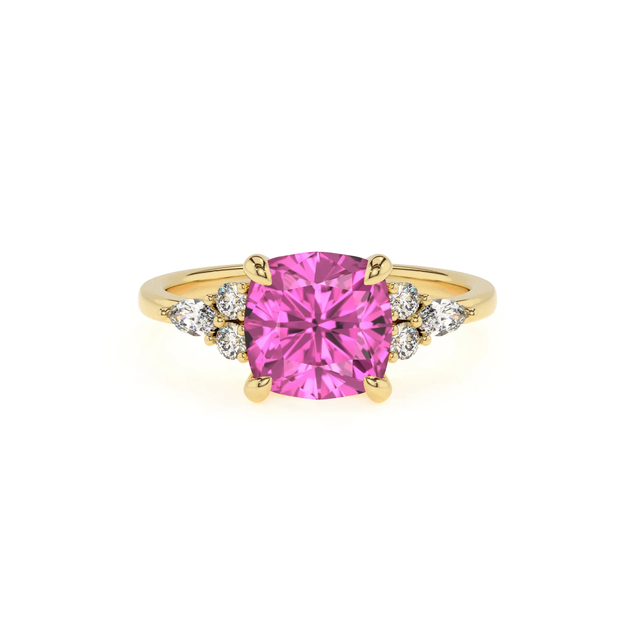 lab grown pink-sapphire cushion solitaire rings in yellow gold