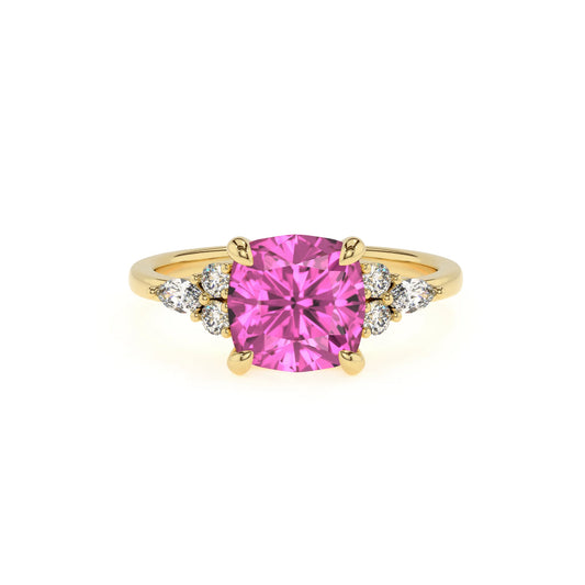 lab grown pink-sapphire cushion solitaire rings in yellow gold