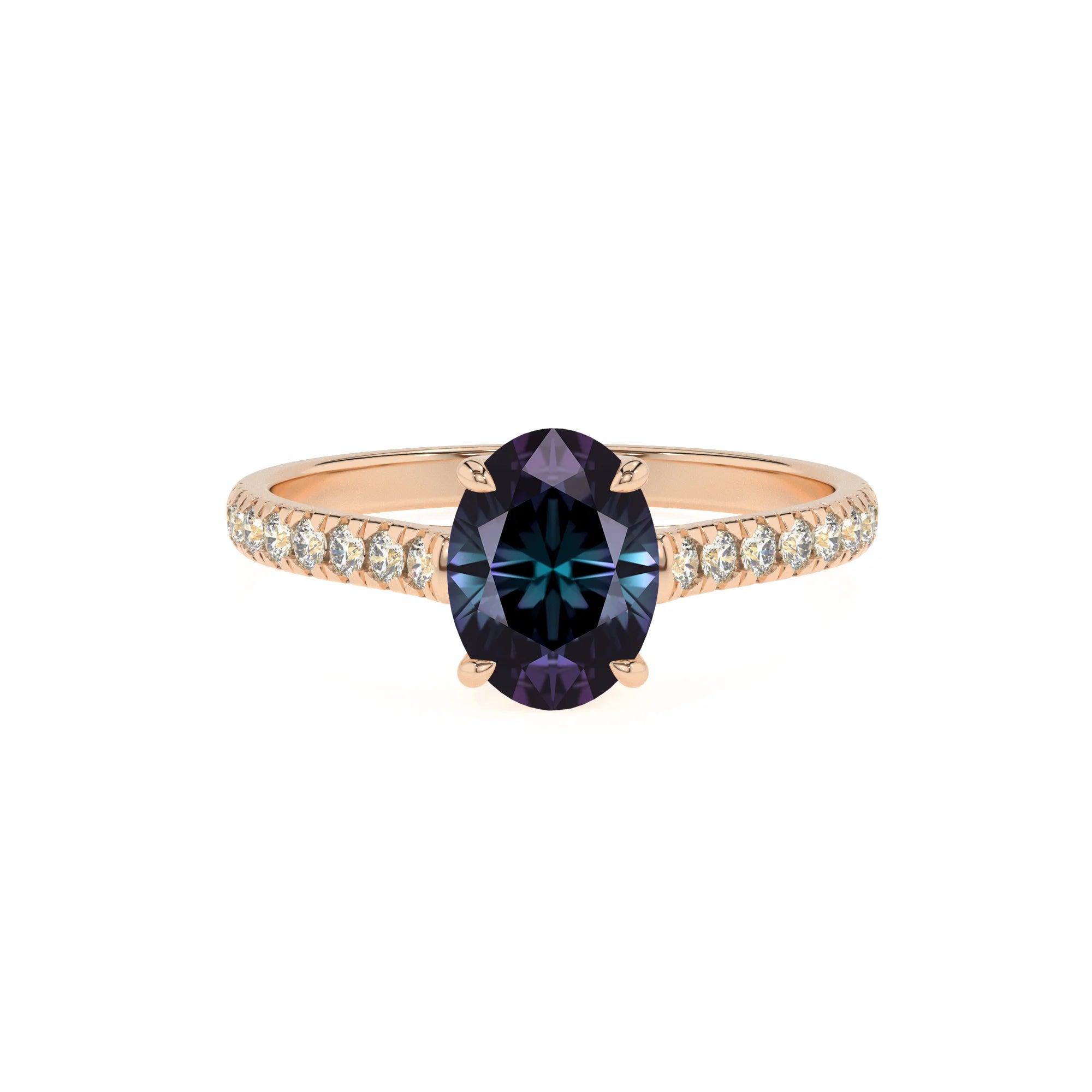 lab grown alexandrite oval half eternity solitaire engagement rings in rose gold