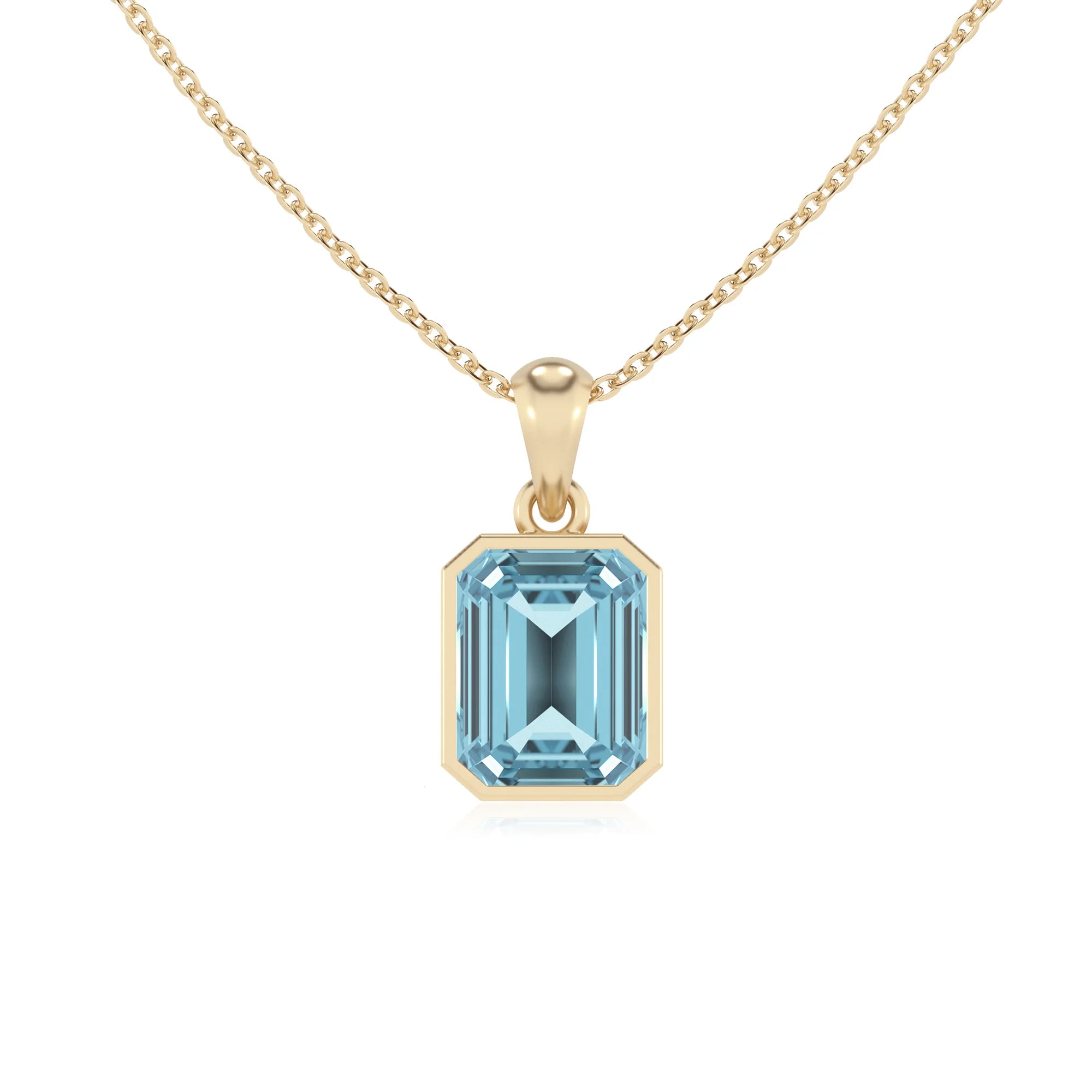 lab grown aquamarine emerald cut solitaire necklaces in yellow gold