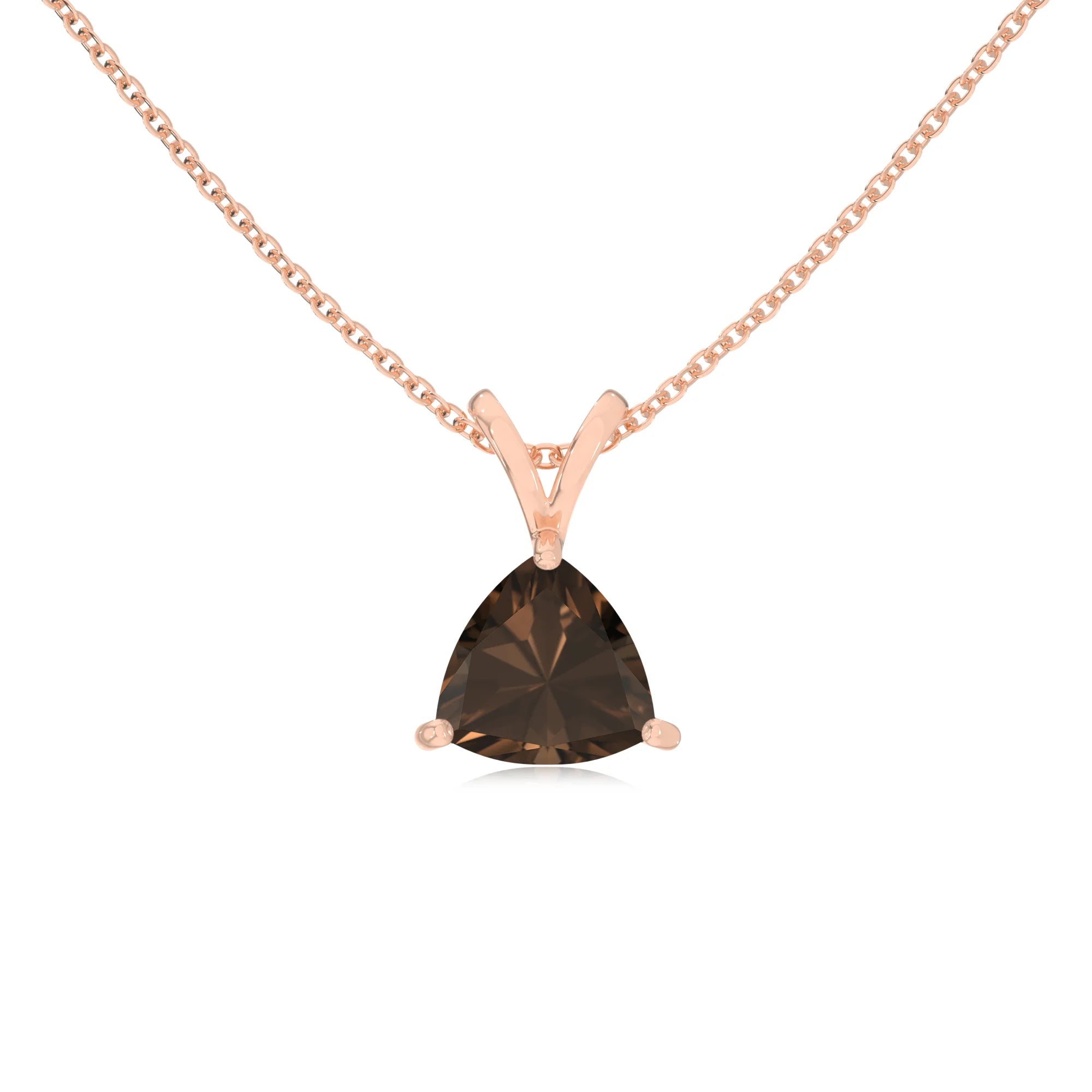 natural smoky-quartz trillion solitaire v-bale necklaces in rose gold