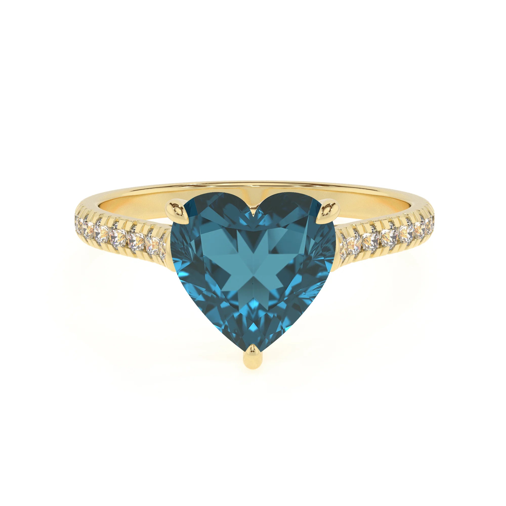 natural london-blue-topaz heart half eternity solitaire engagement rings in yellow gold