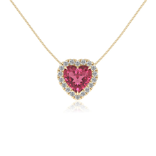 lab grown pink tourmaline heart solitaire necklaces in yellow gold