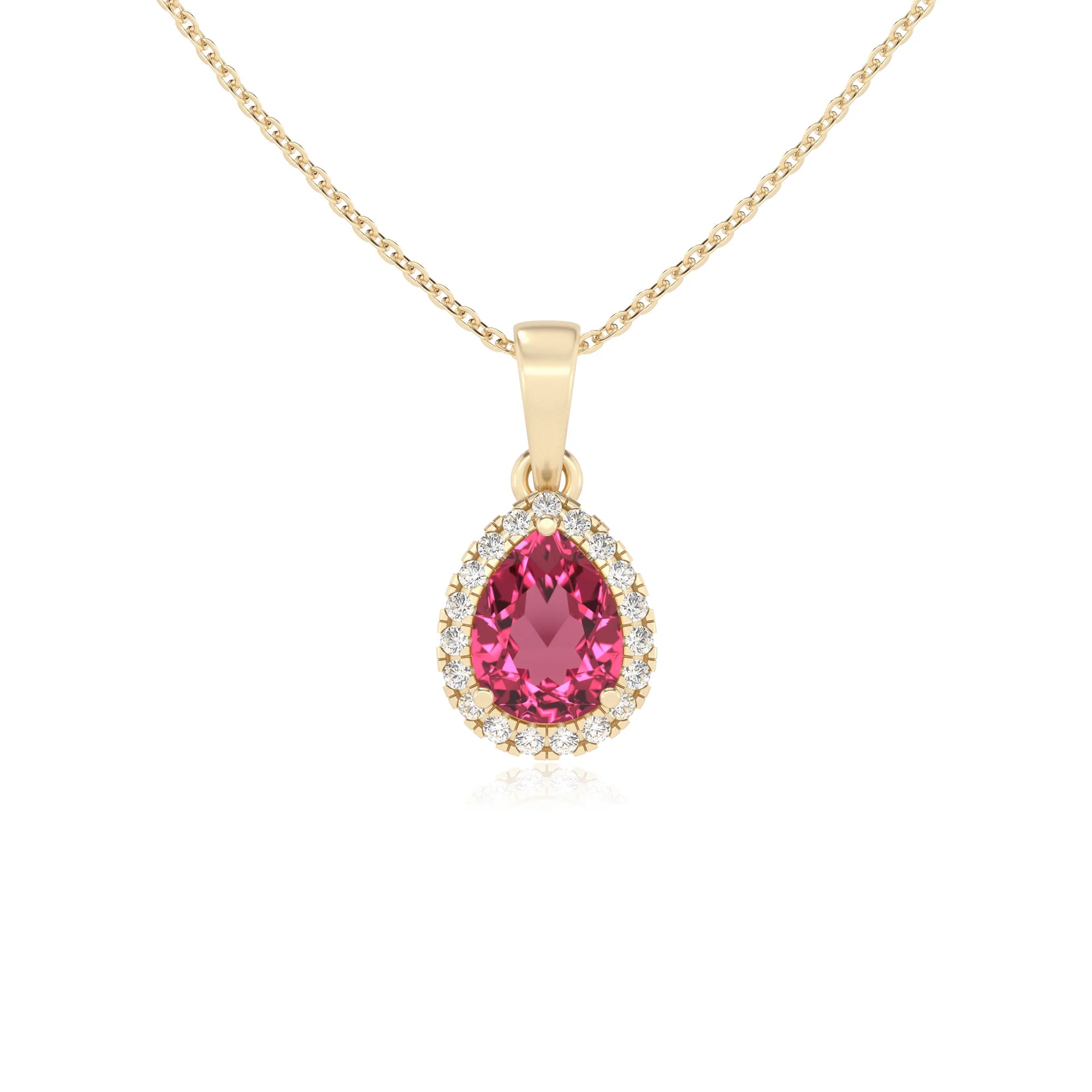 lab grown pink-tourmaline pear solitaire necklaces in yellow gold