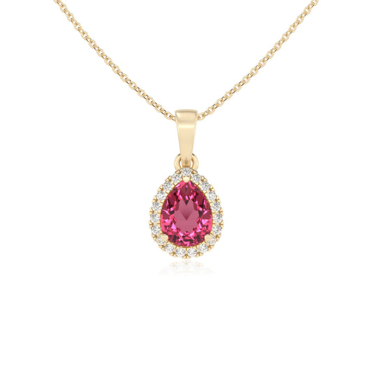 lab grown pink-tourmaline pear solitaire necklaces in yellow gold