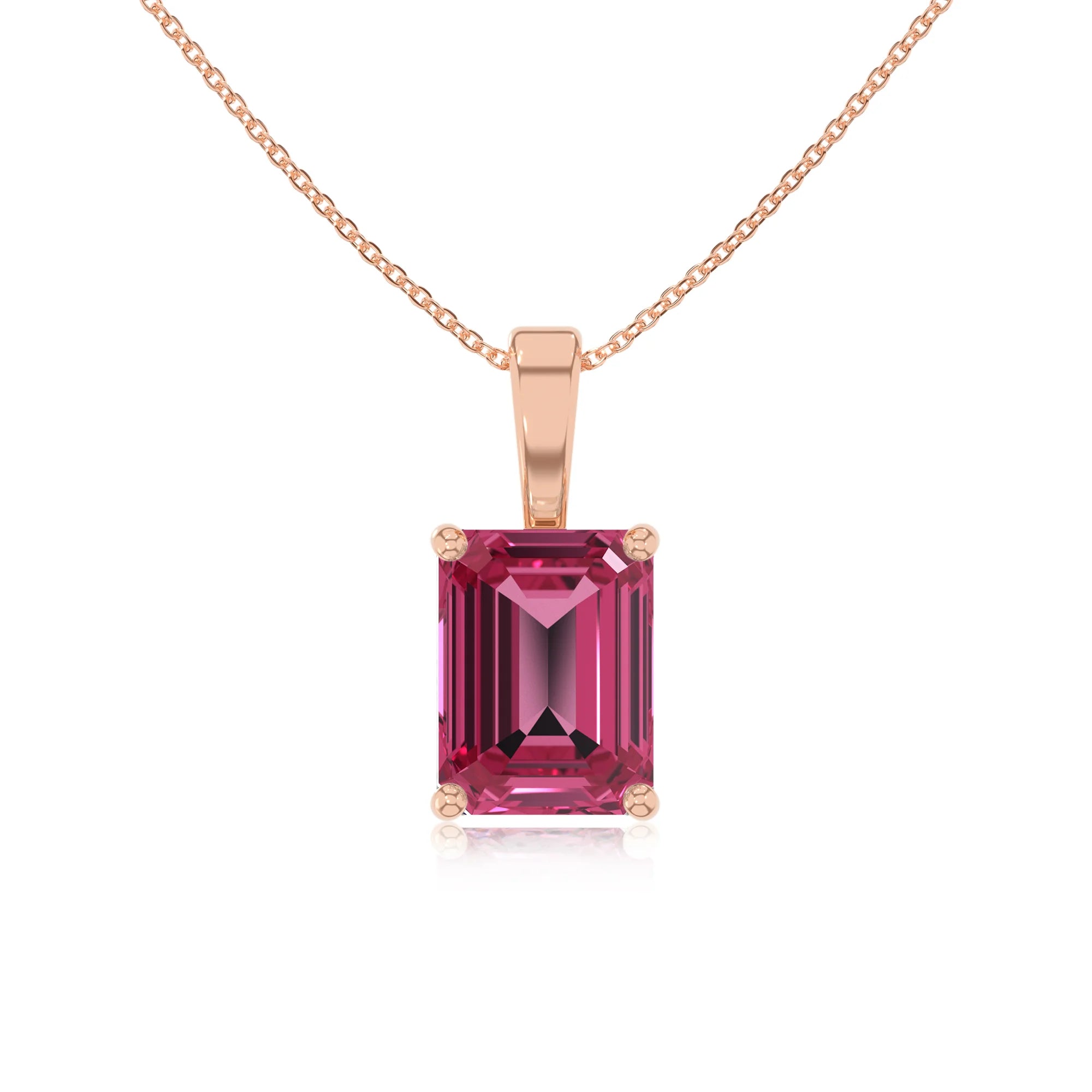 lab grown pink-tourmaline emerald cut solitaire necklaces in rose gold