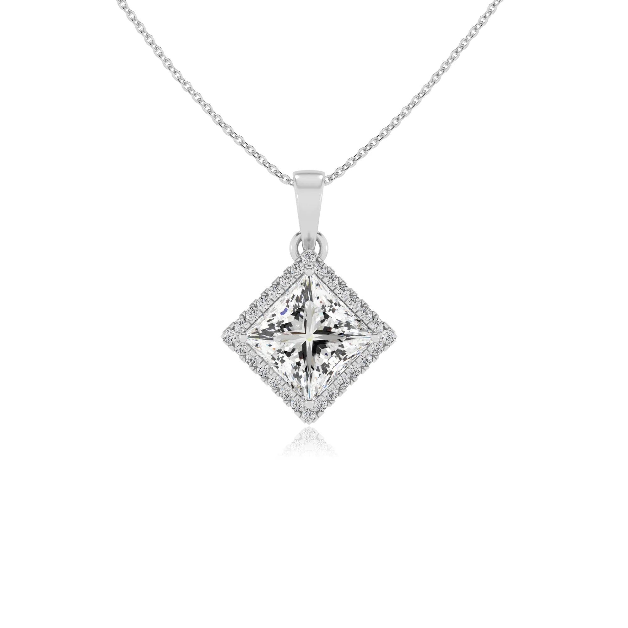 lab grown moissanite princess solitaire necklaces in white gold