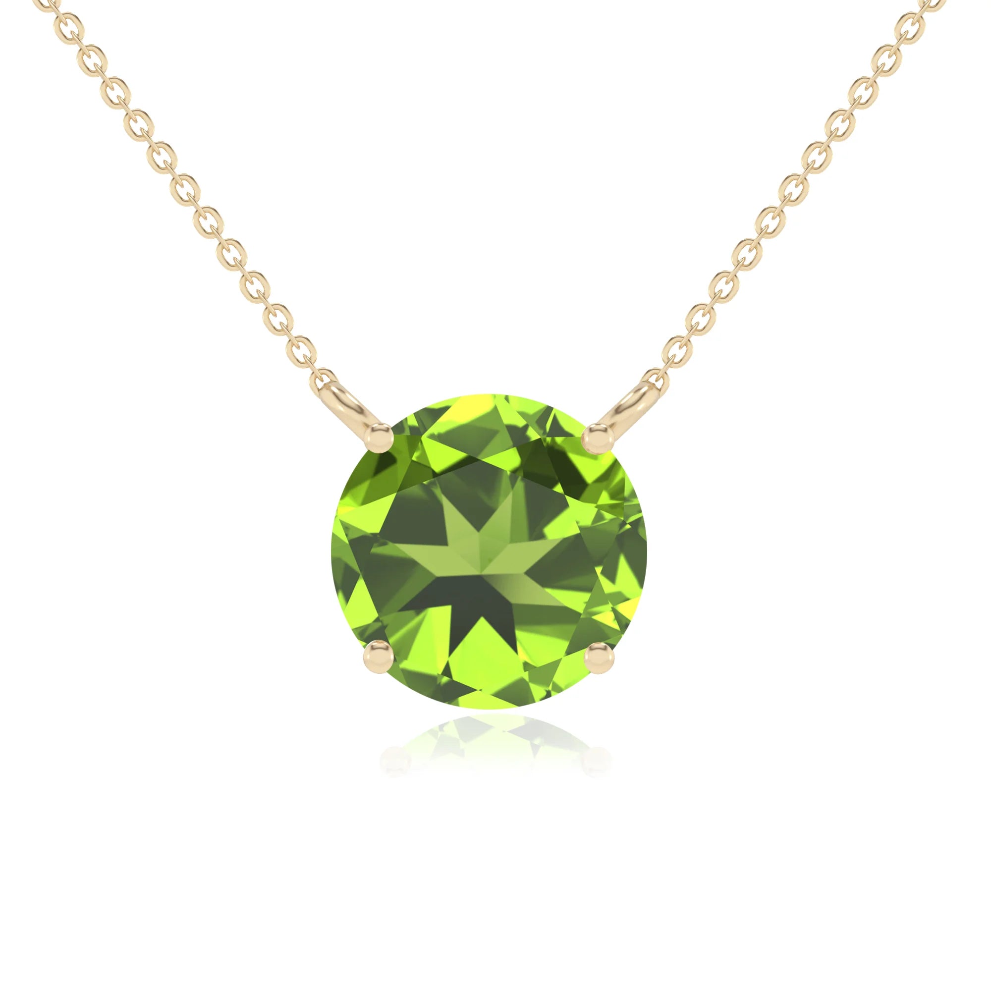 natural peridot round solitaire necklaces in yellow gold