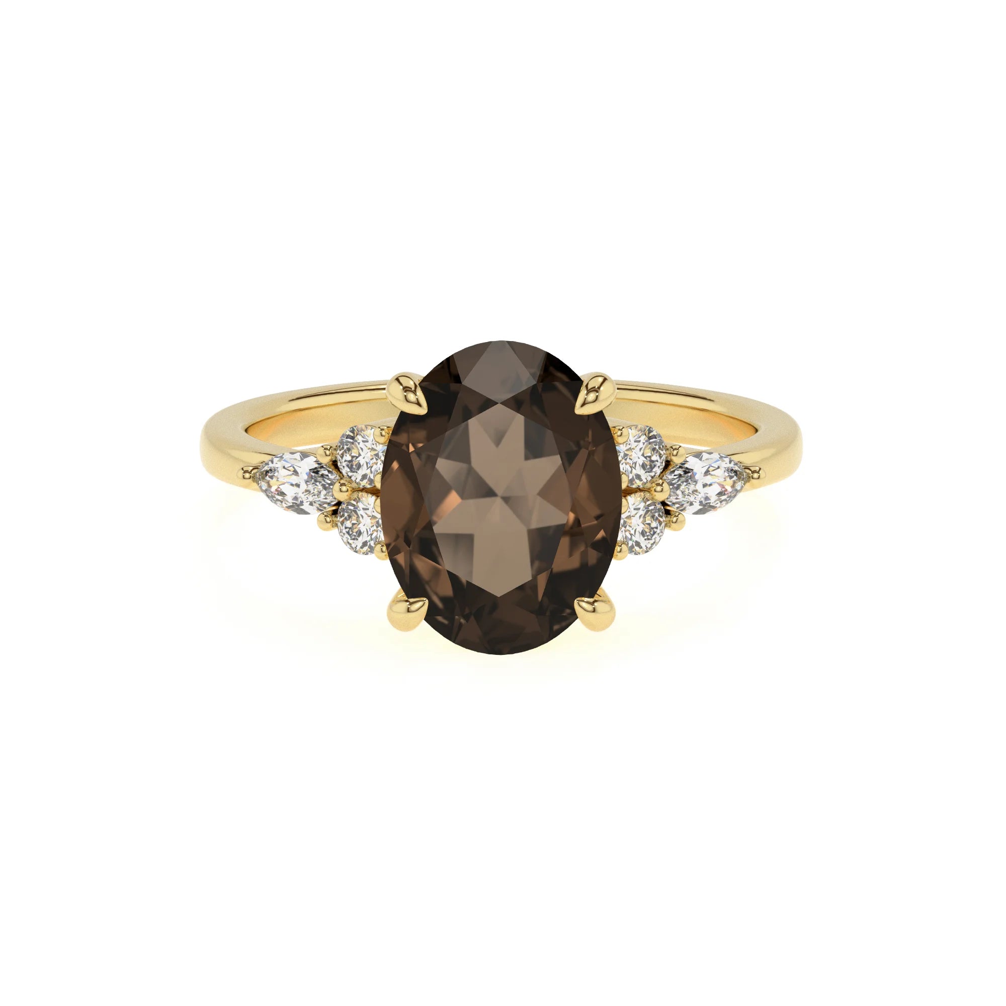 natural smoky-quartz oval solitaire rings in yellow gold