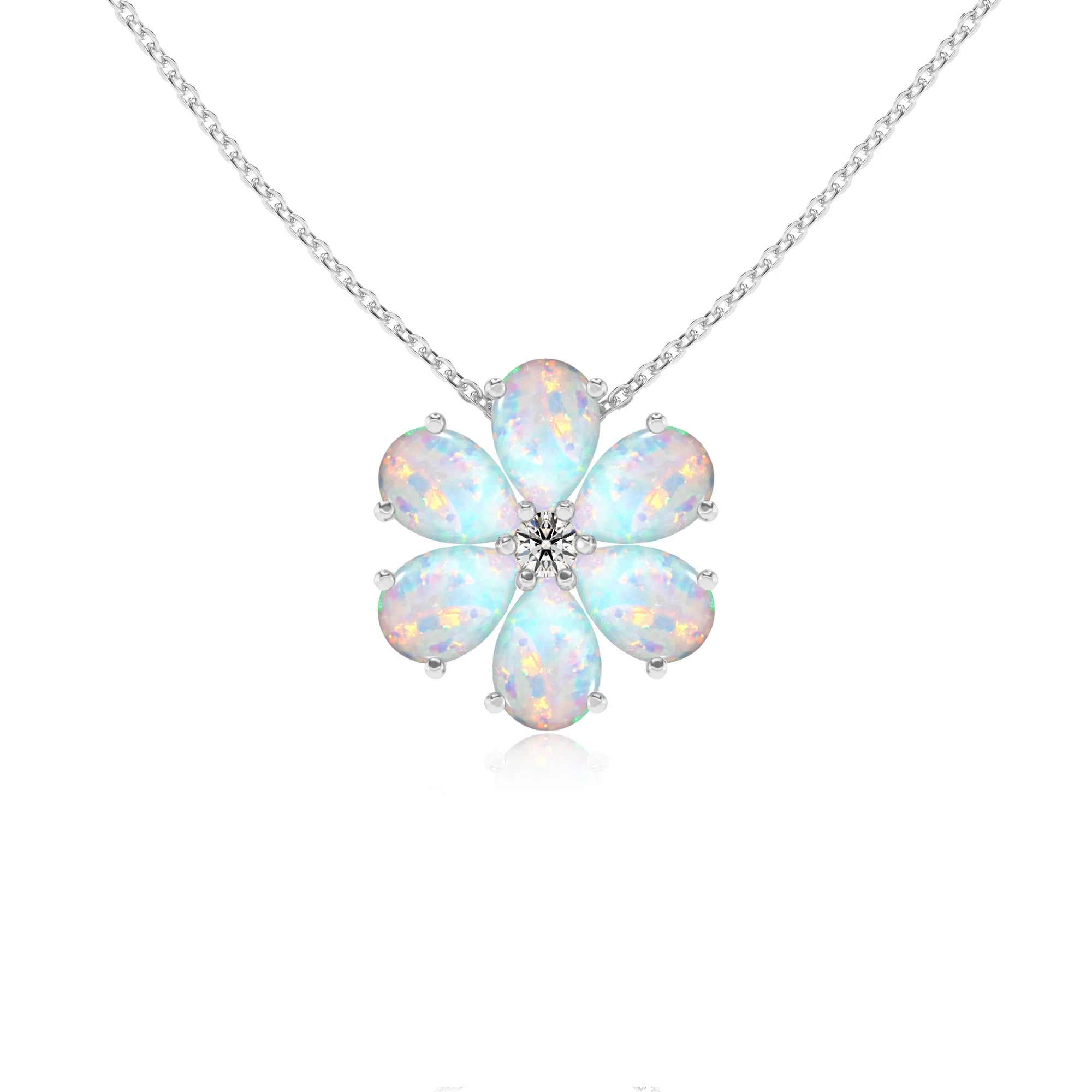 lab grown opal pear solitaire necklaces in white gold