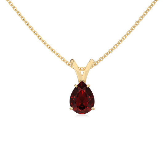 natural garnet pear solitaire v-bale necklaces in yellow gold
