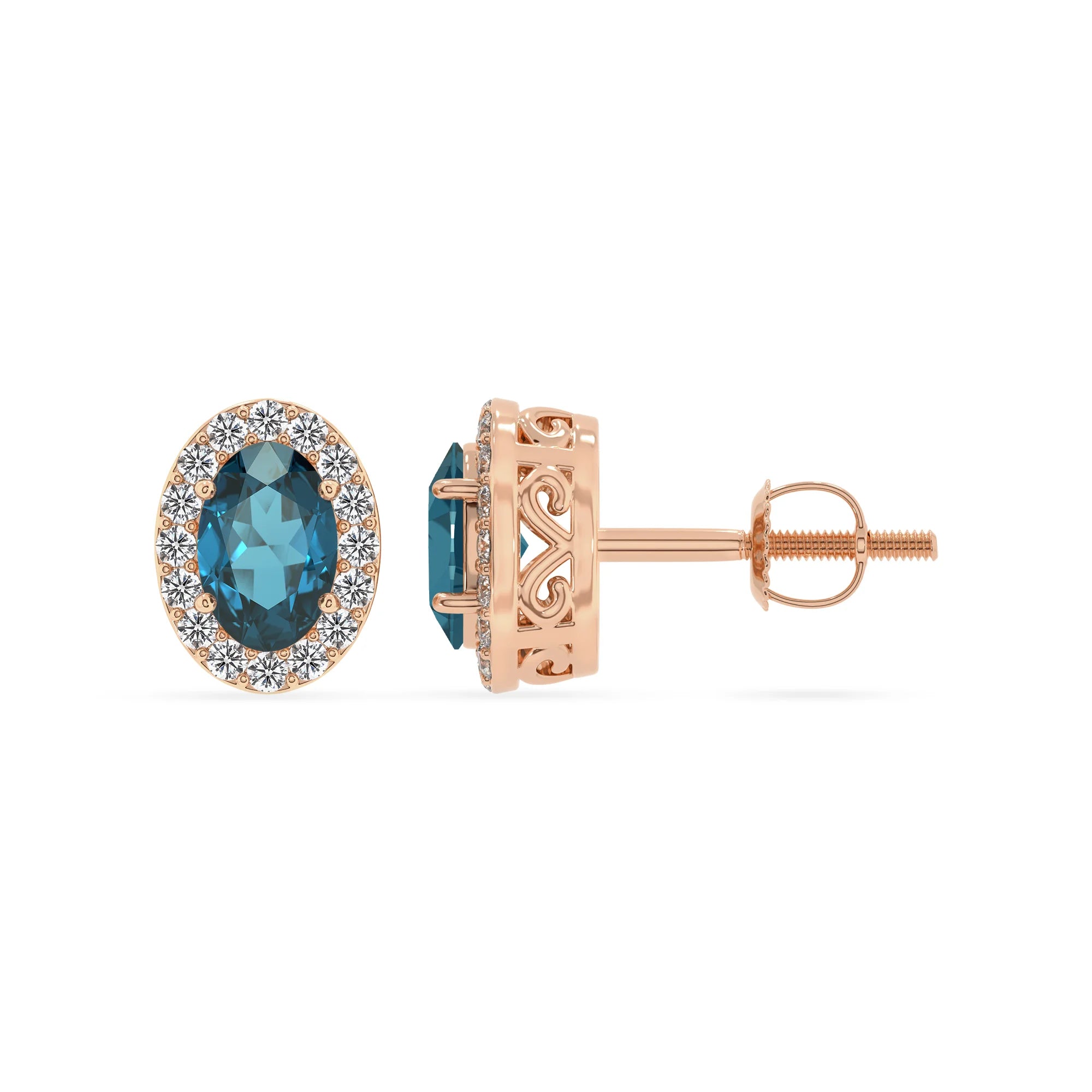 natural london blue topaz oval stud earrings in rose gold