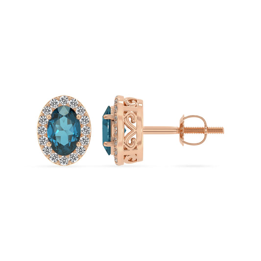 natural london blue topaz oval stud earrings in rose gold