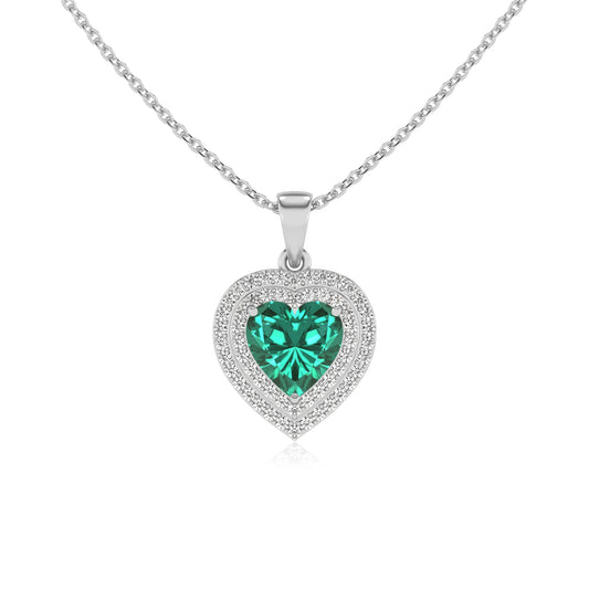 lab grown emerald heart halo necklaces in sterling silver